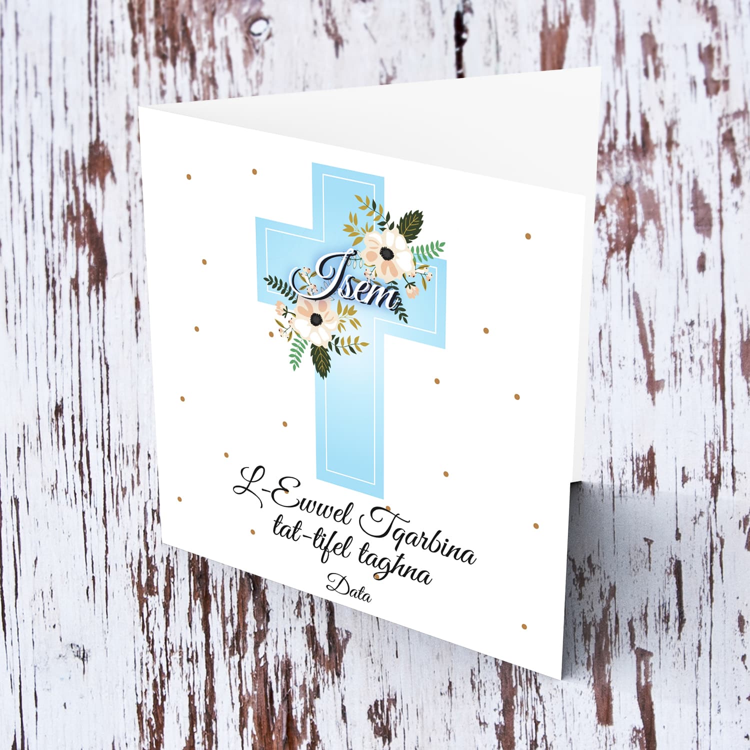 A First Holy Communion card, featuring a light blue cross with pastel florals, for son, in Maltese (Personalisable)