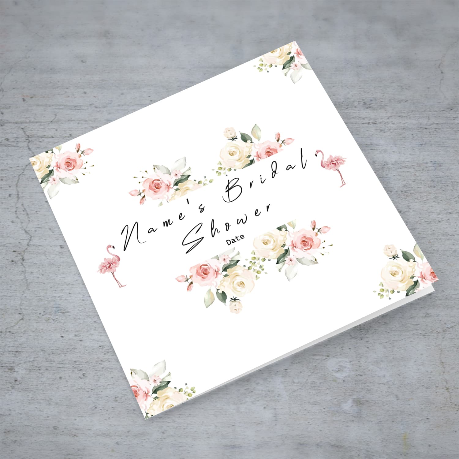 Elegant flowers Hen / Bridal Shower personalisable card with cute pink flamingos in English