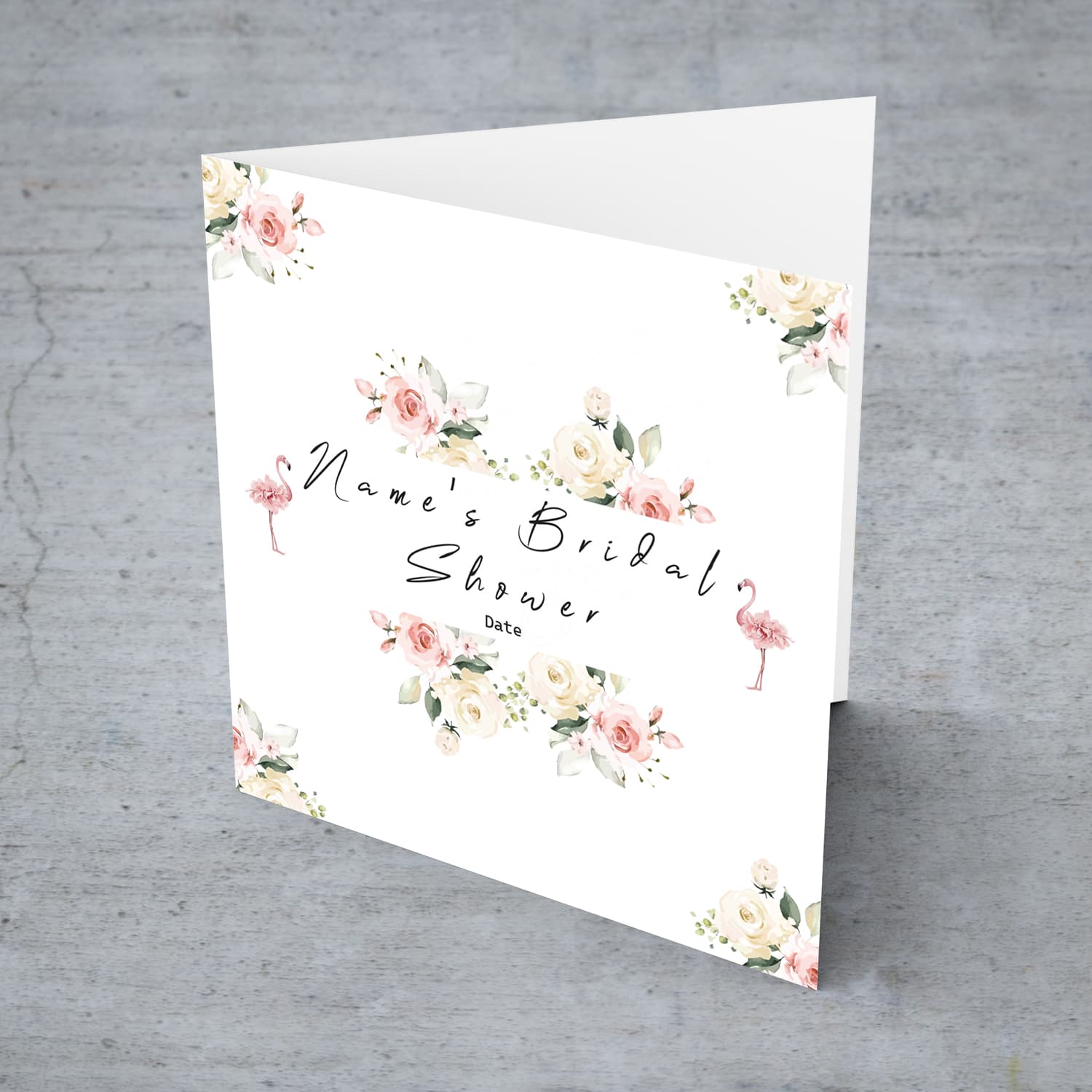 Elegant flowers Hen / Bridal Shower personalisable card with cute pink flamingos in English
