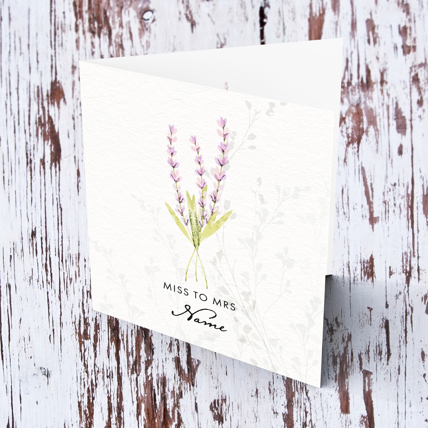 A dainty minimalist hen party card, from Miss to Mrs, featuring a light purple floral detail in English (Personalisable) 