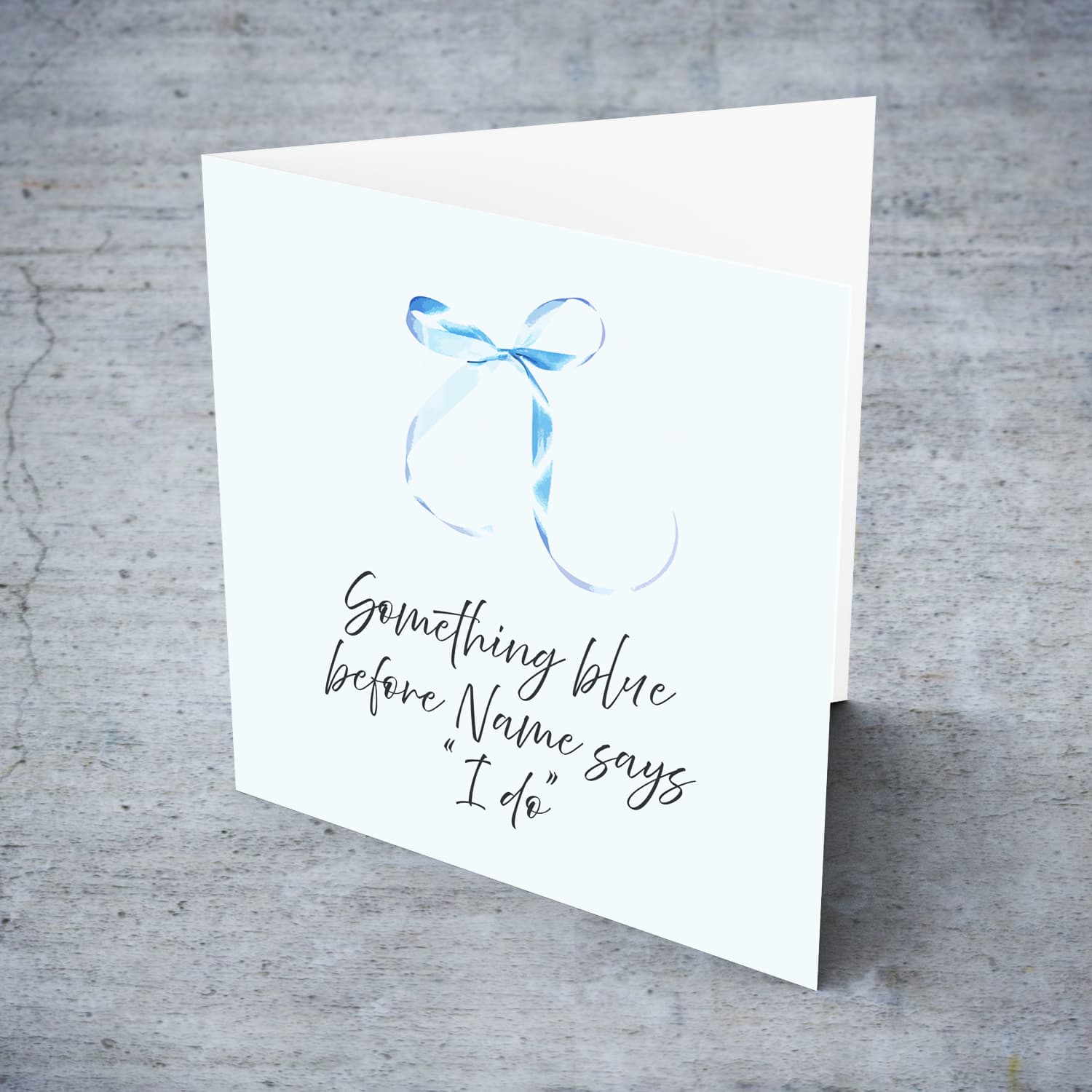 A cute hen party card featuring a blue bow - Something blue before Name says I Do in English (Personalisable)
