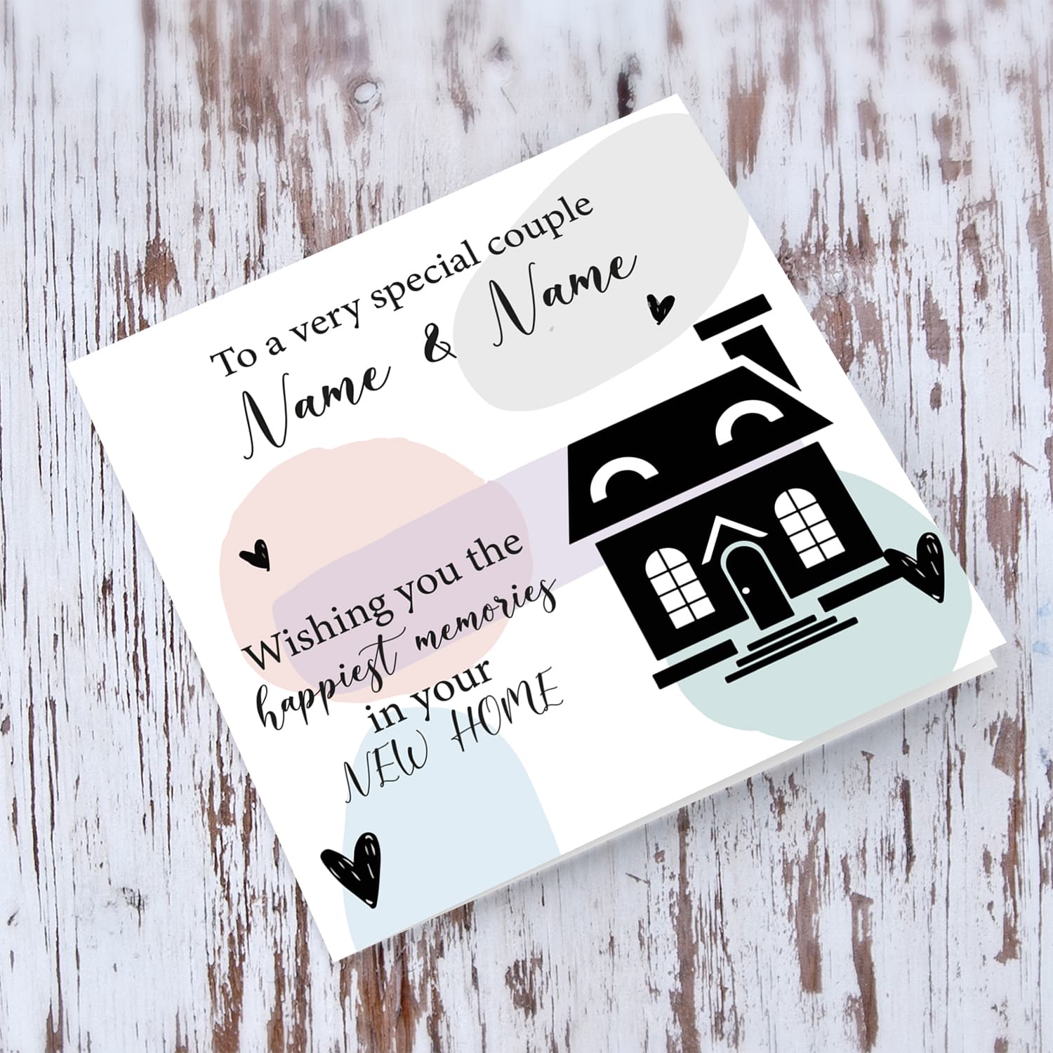 Pastel coloured background new home personaliseable card in English