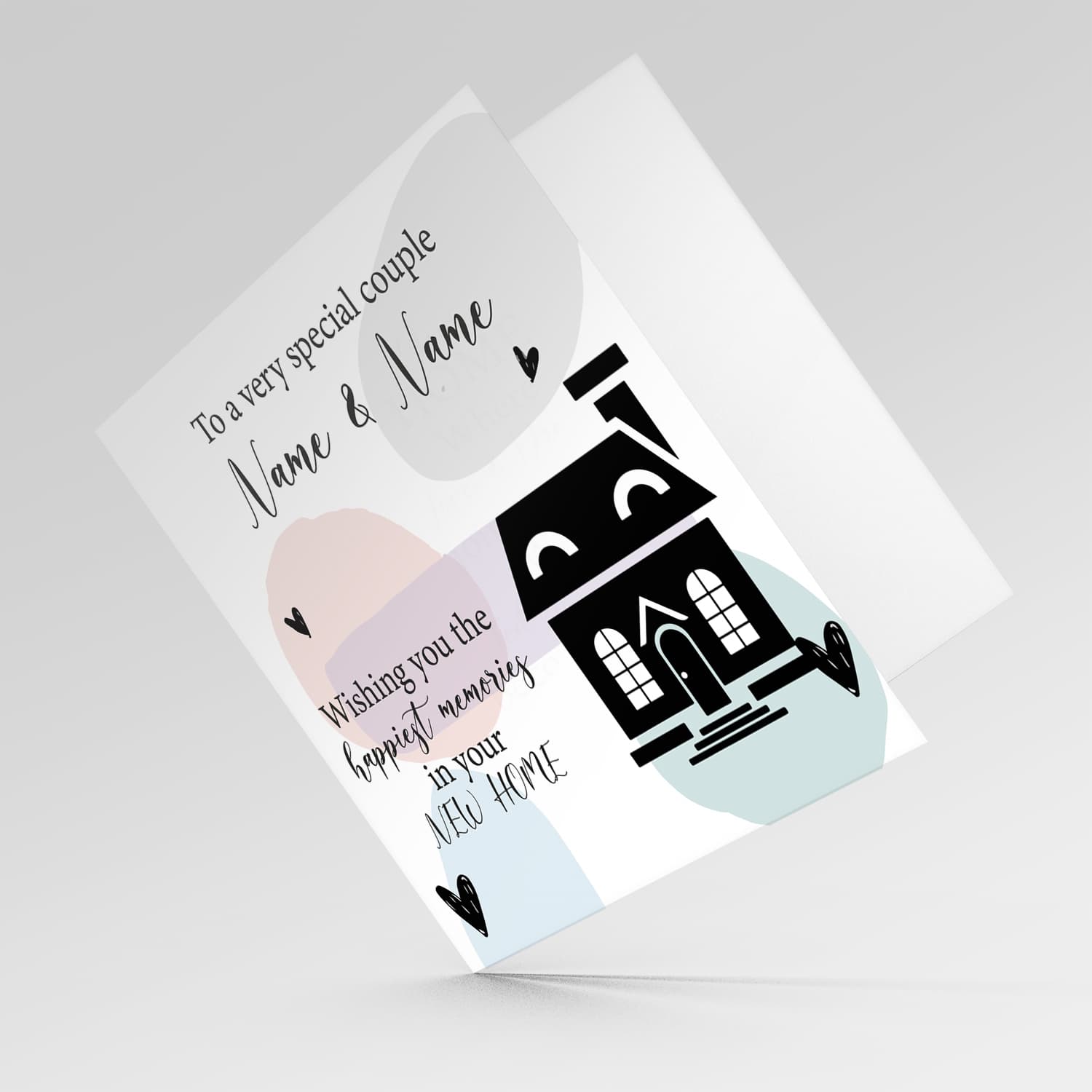 Pastel coloured background new home personaliseable card in English
