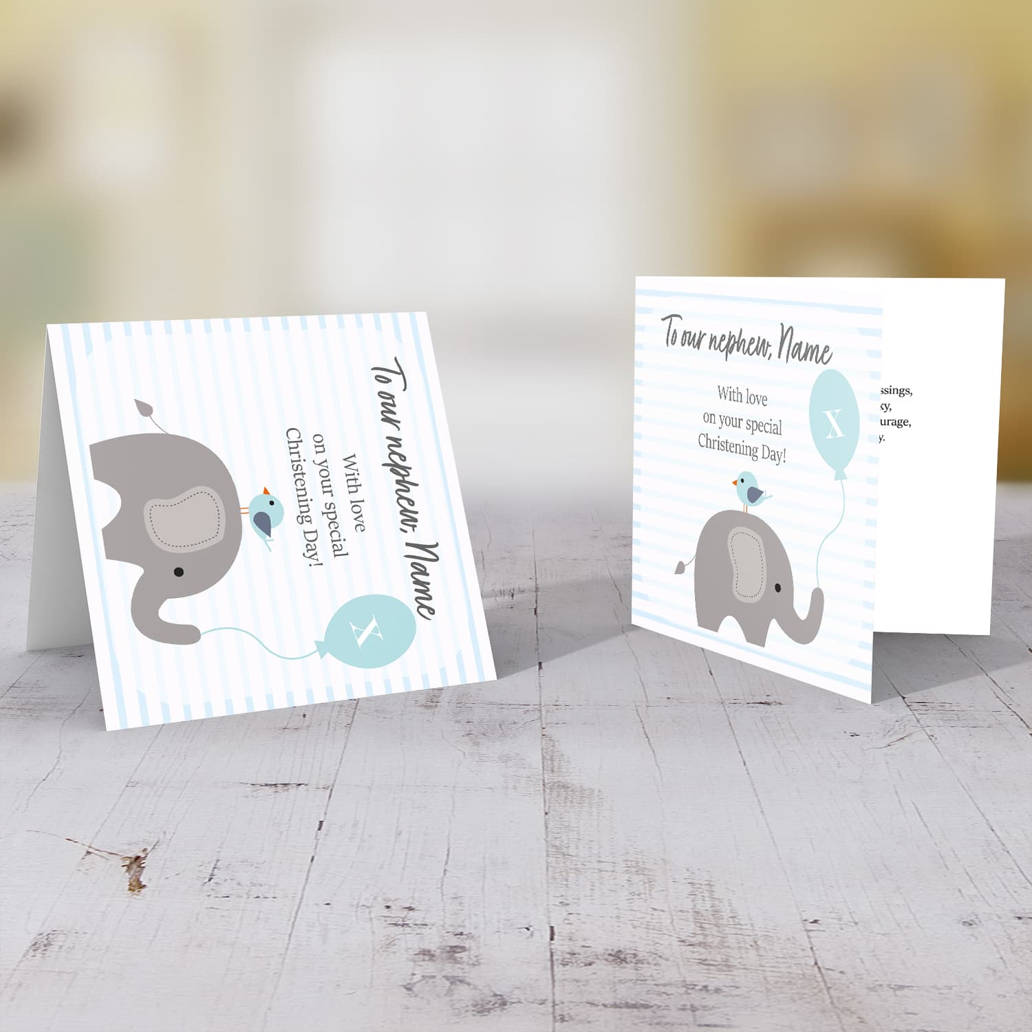 Elephant with bird holding blue baloon, with striped background baptism card for nephew in English (Personalisable)