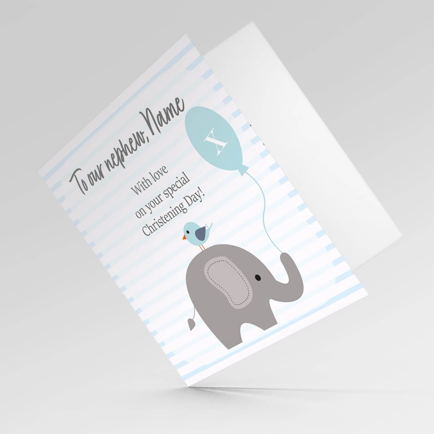 Elephant with bird holding blue baloon, with striped background baptism card for nephew in English (Personalisable)