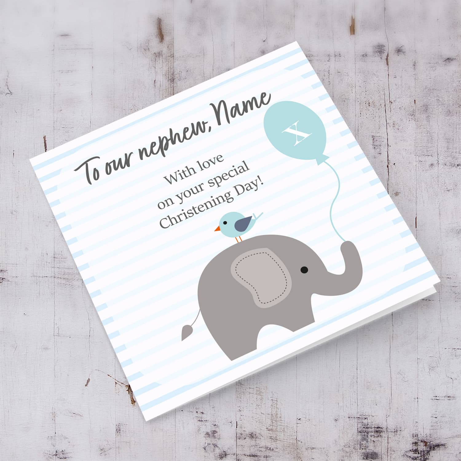 Elephant with bird holding blue baloon, with striped background baptism card for nephew in English (Personalisable)