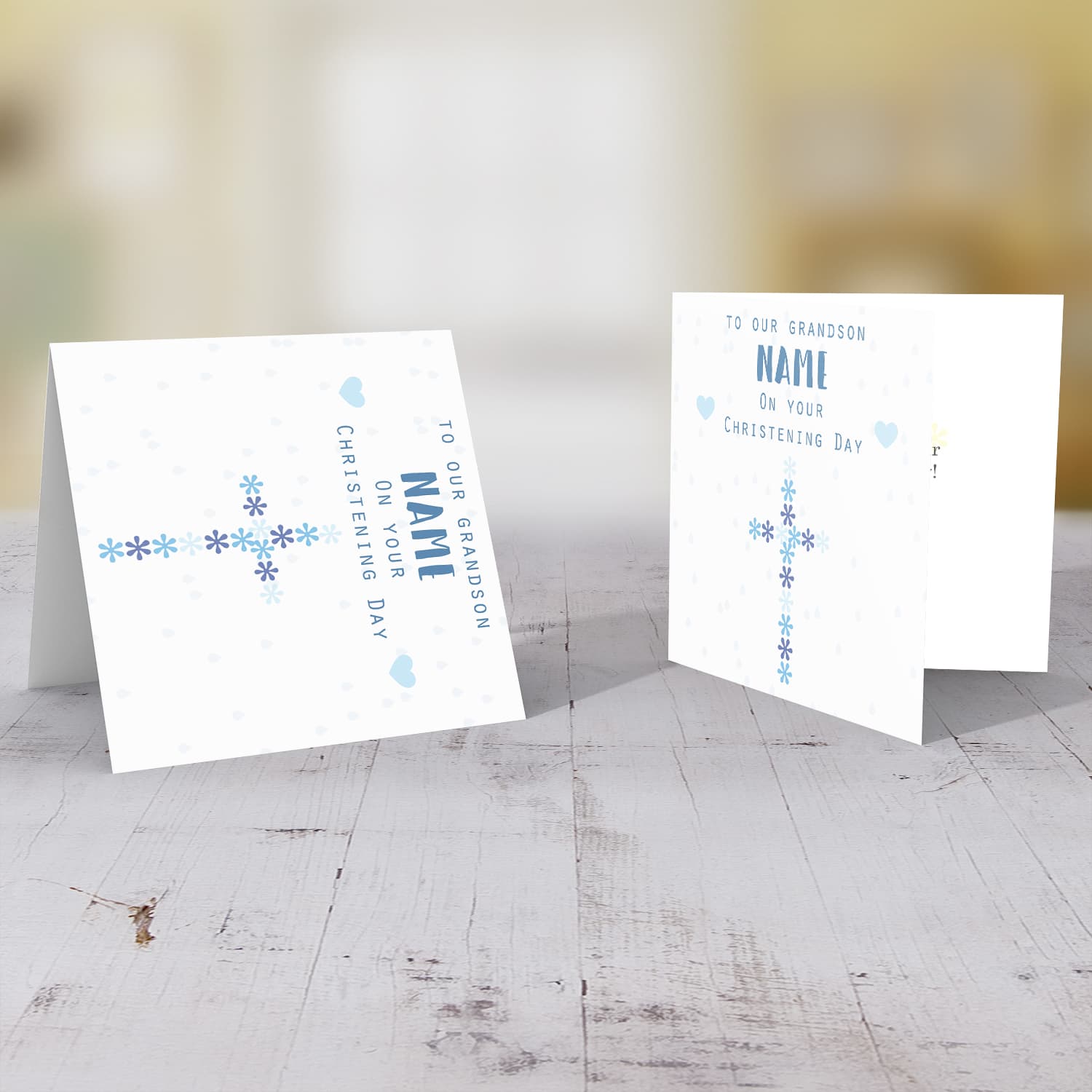 Floral cross in shades of blue baptism card for Grandson in English (Personalisable)