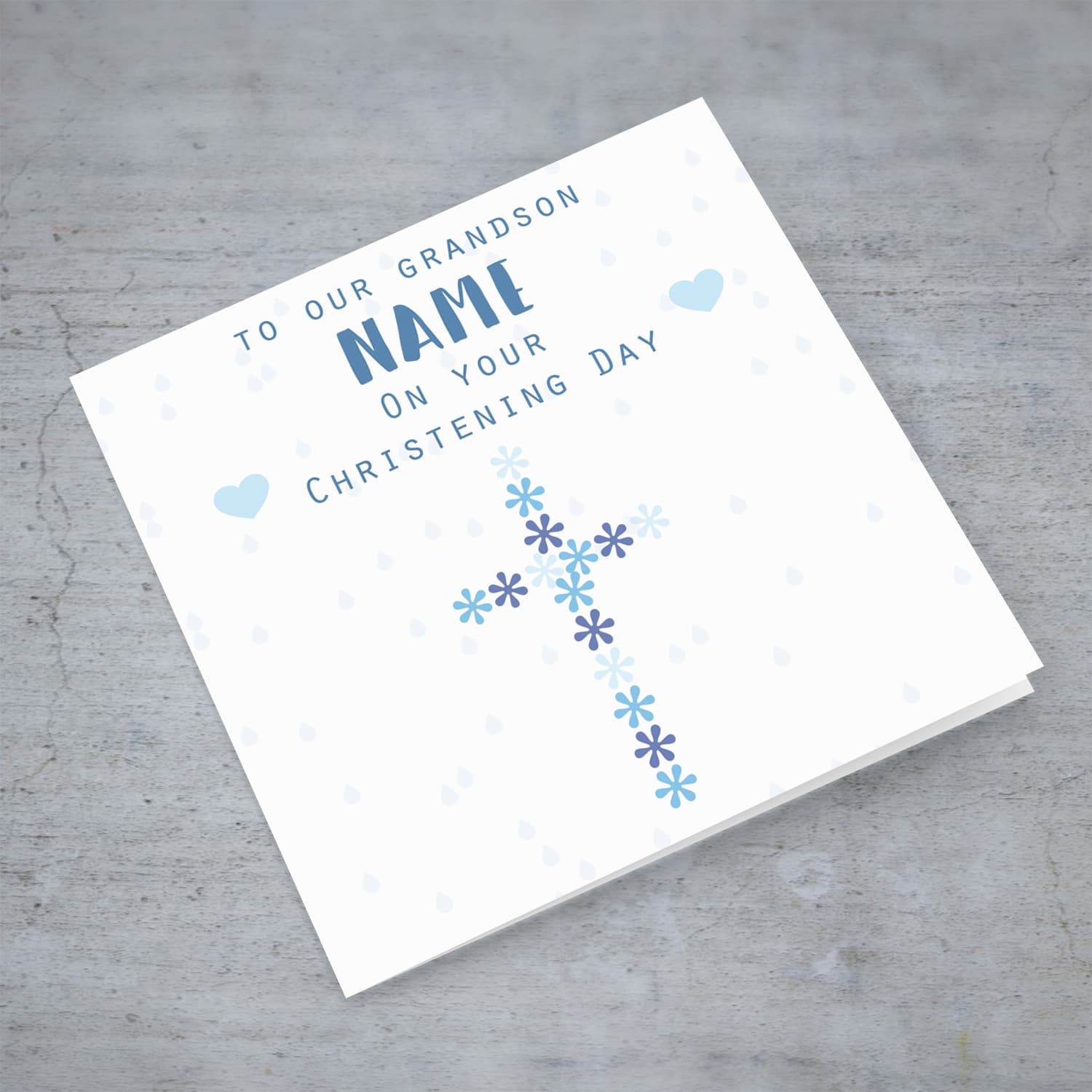 Floral cross in shades of blue baptism card for Grandson in English (Personalisable)