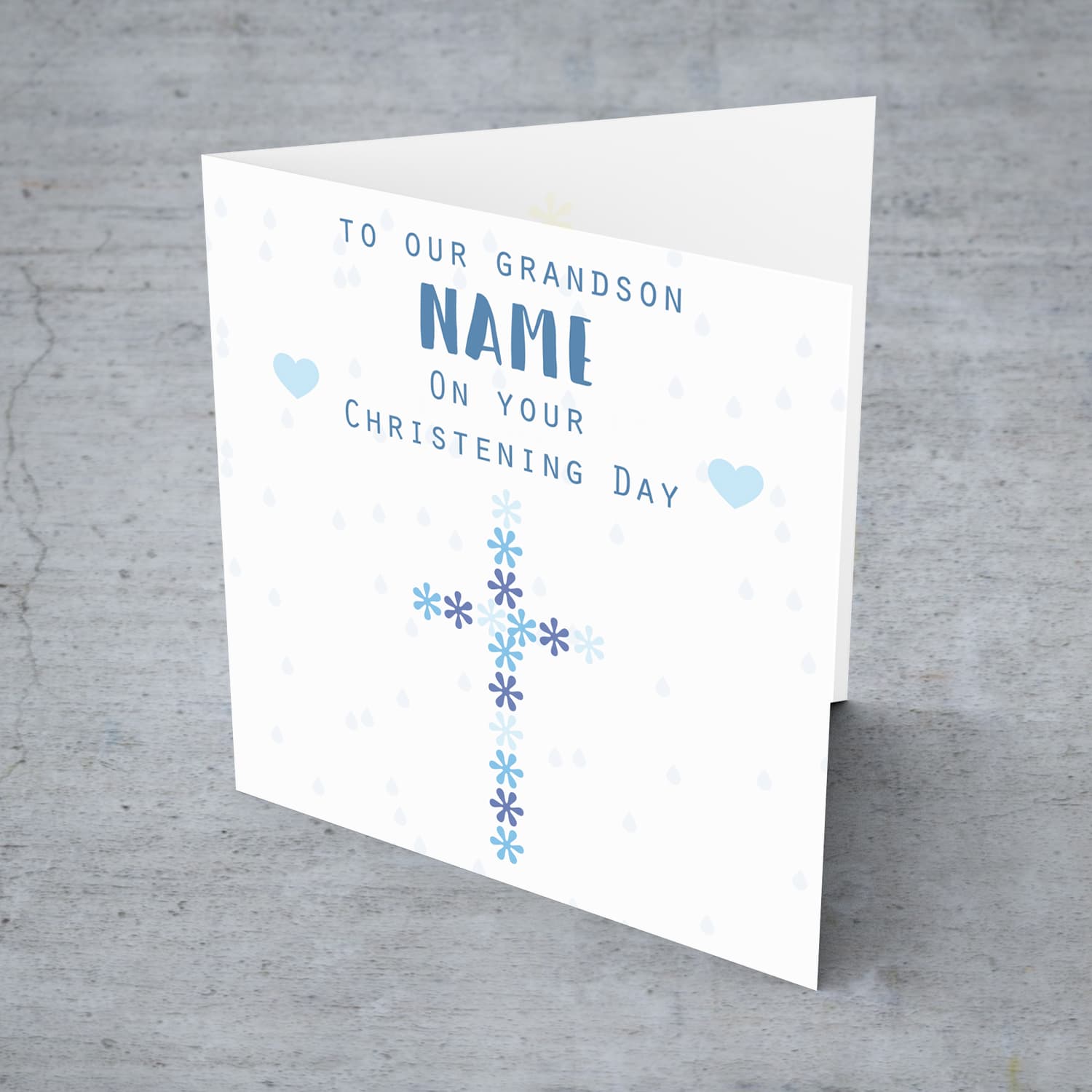 Floral cross in shades of blue baptism card for Grandson in English (Personalisable)