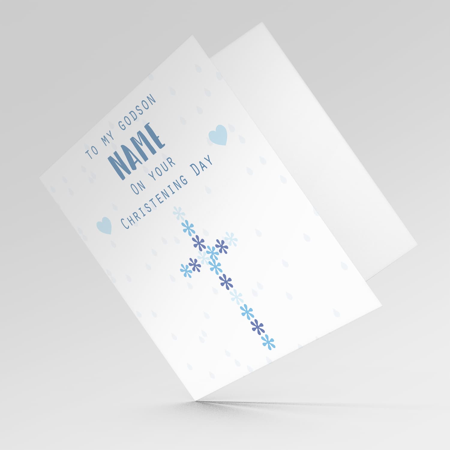 Floral cross in blue hues baptism card for a boy GODSON in English (Personalisable)