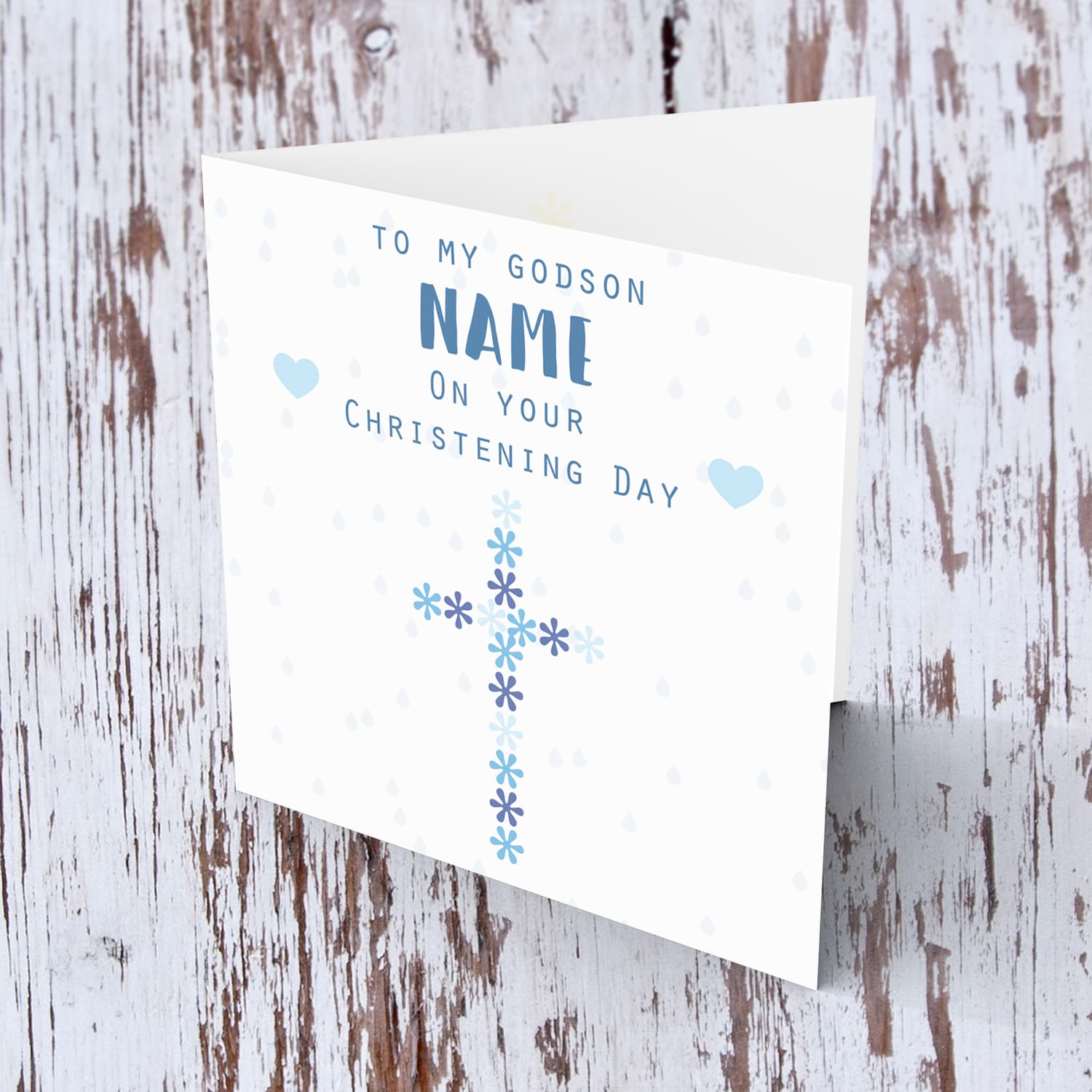 Floral cross in blue hues baptism card for a boy GODSON in English (Personalisable)