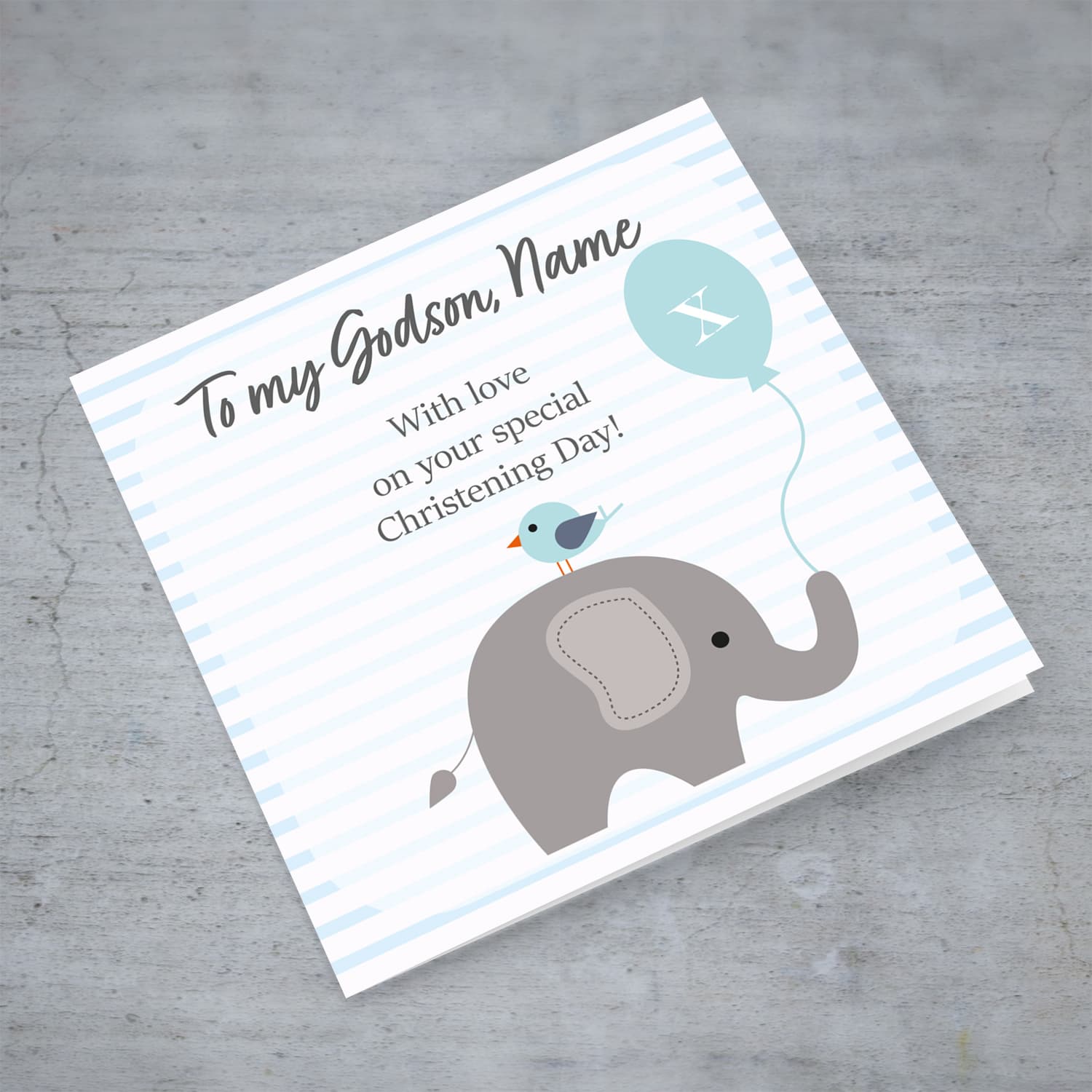 Elephant with bird holding light blue balloon, with striped background baptism card for Godson in English (Personalisable)