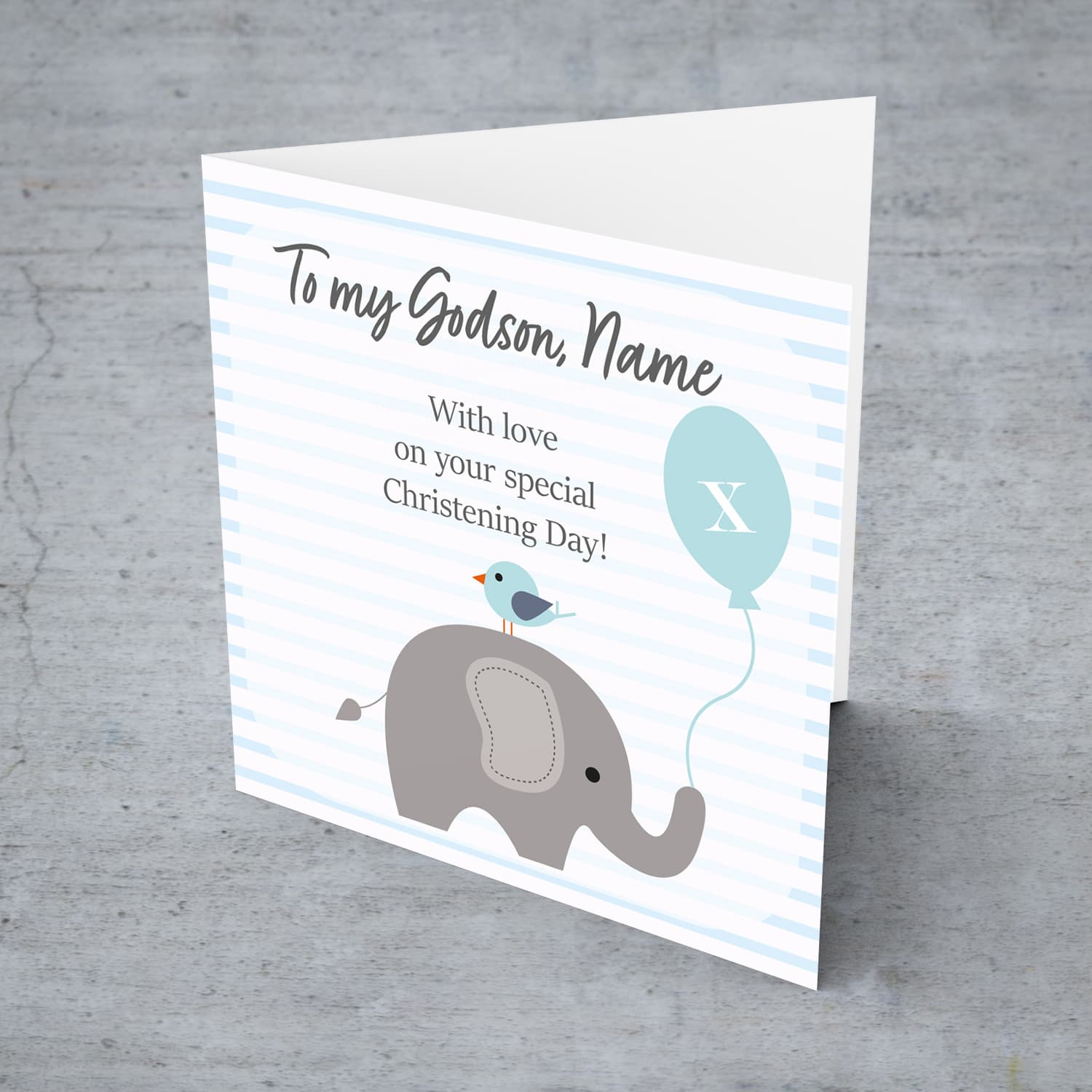Elephant with bird holding light blue balloon, with striped background baptism card for Godson in English (Personalisable)