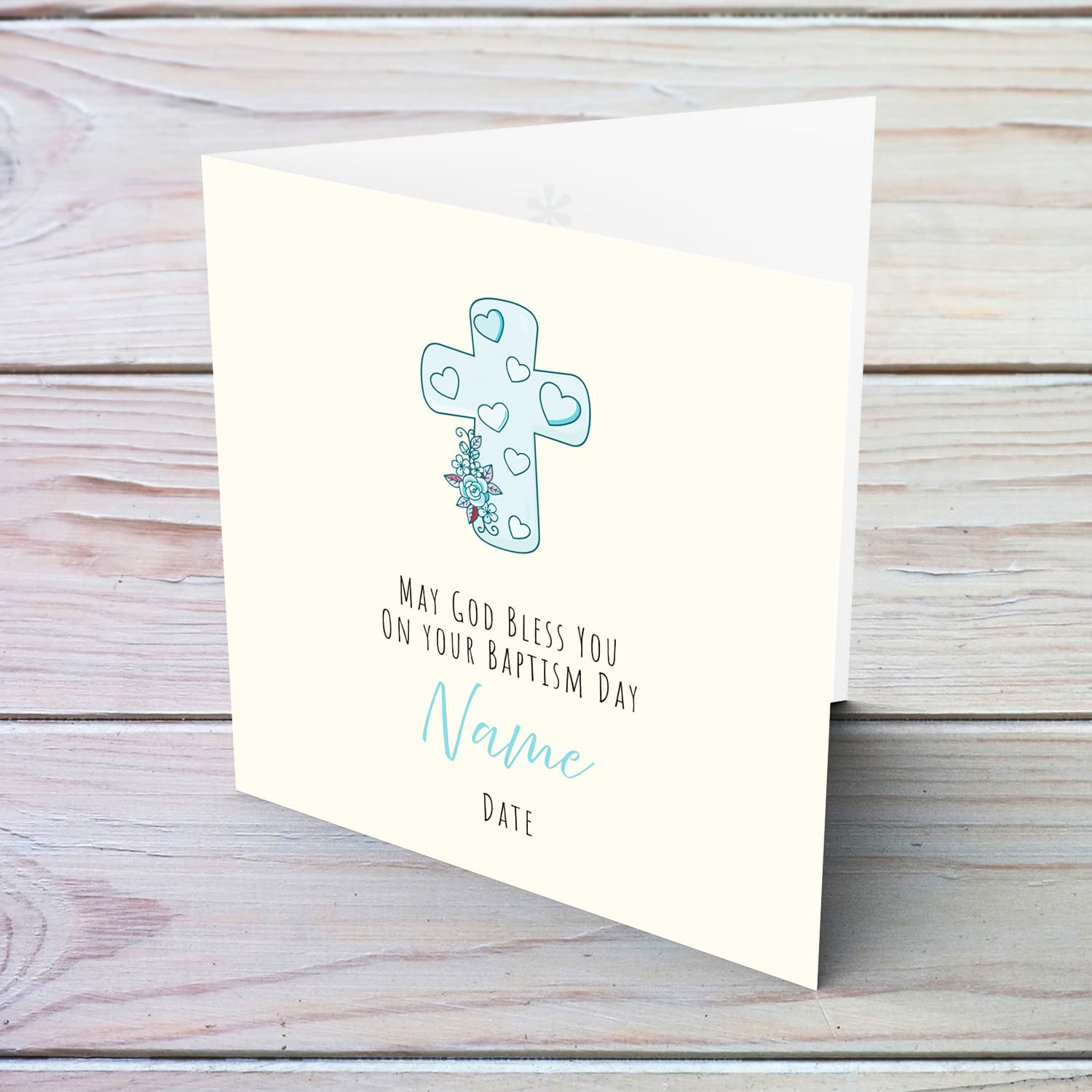 A beautiful baptism card, featuring a light blue cross with cute florals in English (Personalisable)