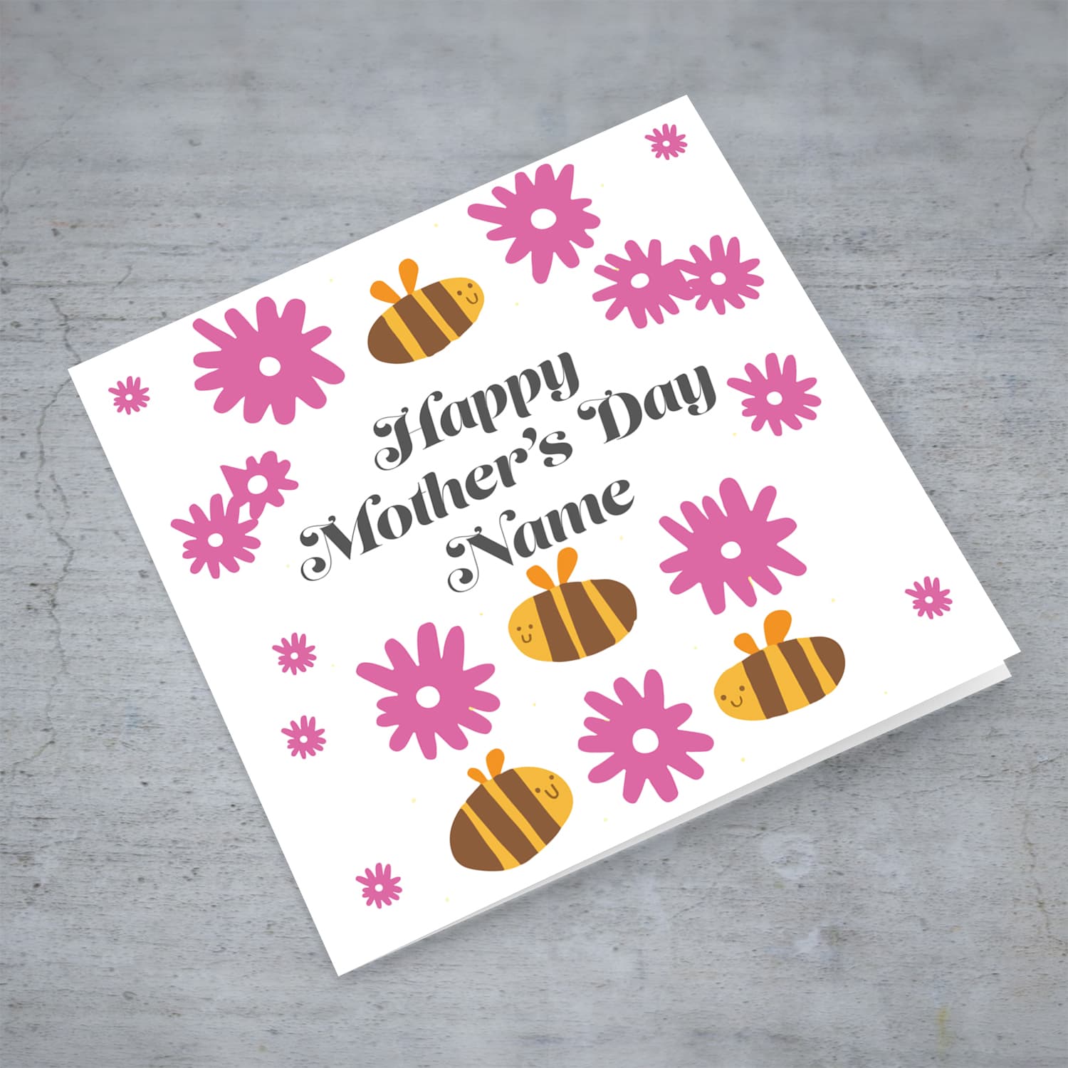 Cute bee themed mother's day personalisable card with scattered pink flowers in English