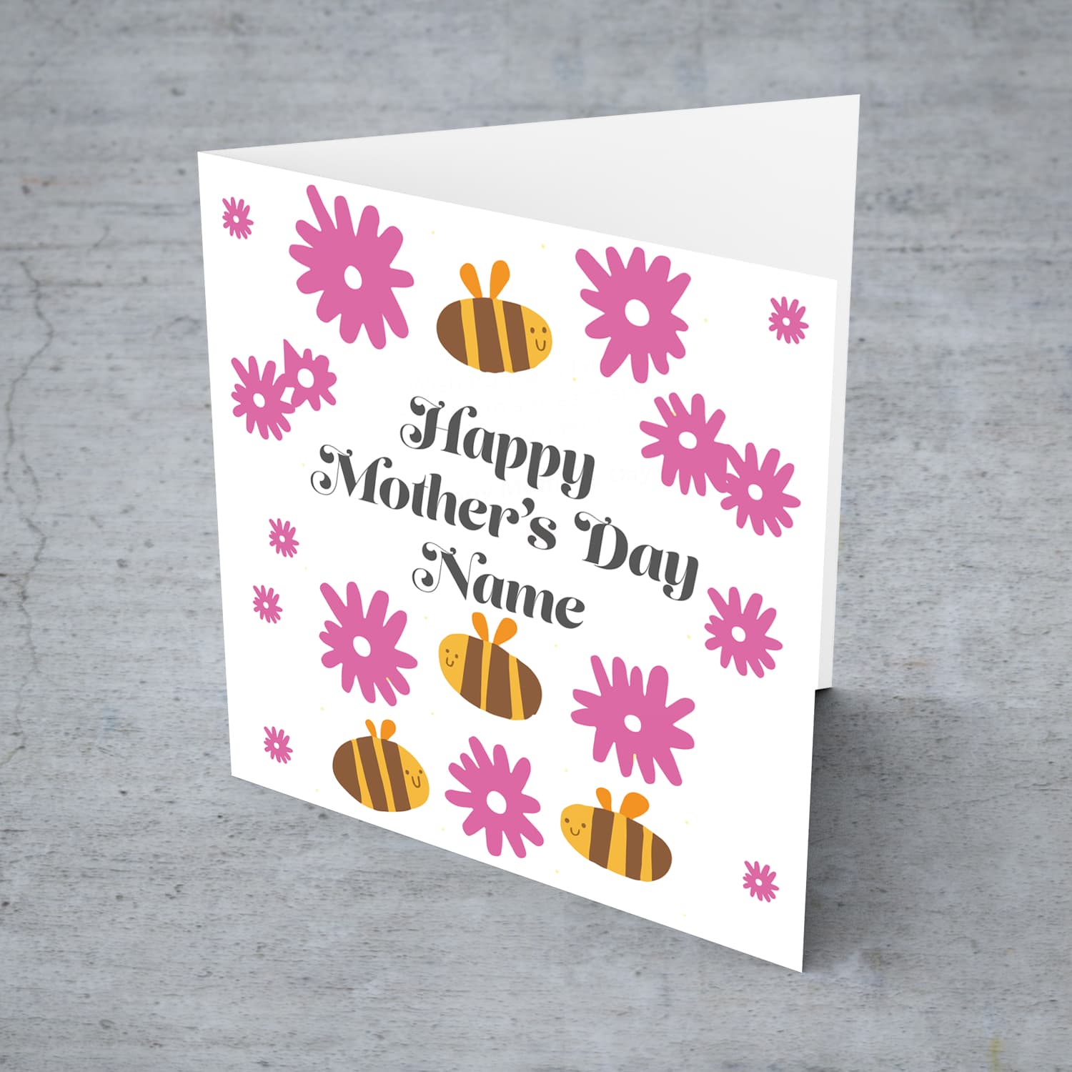 Cute bee themed mother's day personalisable card with scattered pink flowers in English