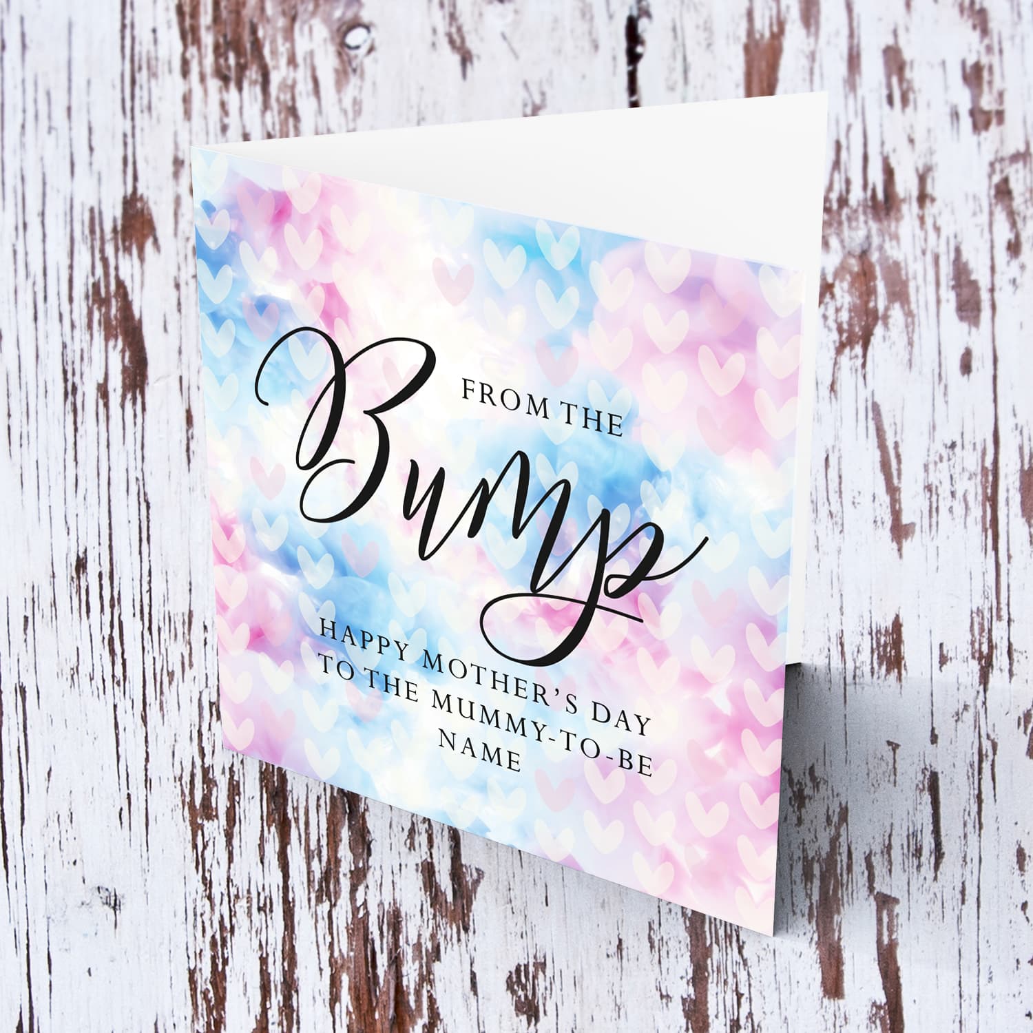 A cute mother's day card for the mummy to be from the bump, featuring a colourful two toned background with scattered hearts in English (Personalisable) 