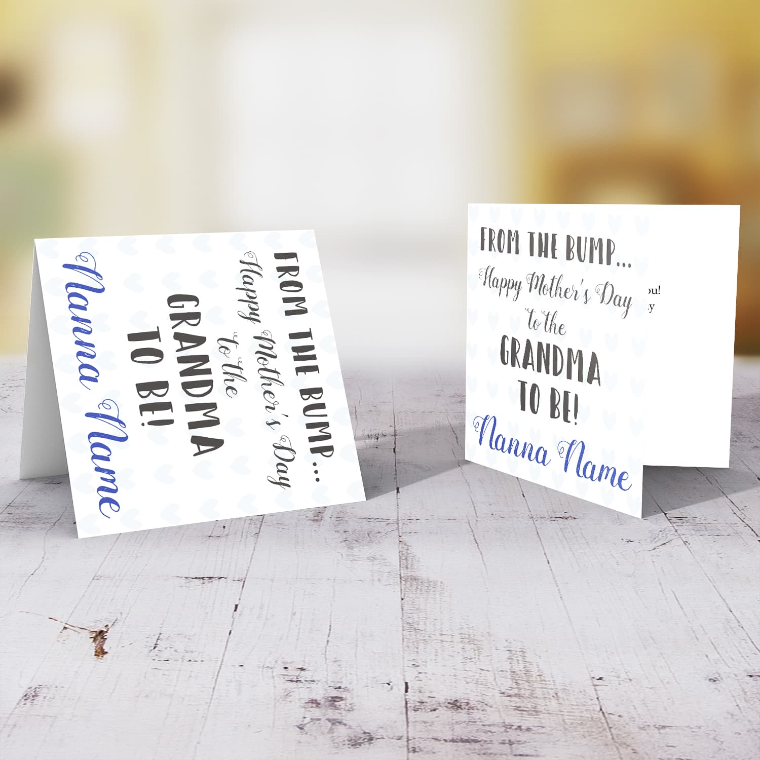 Mother's day personalisable card for grandma to be from the bump (with light blue hearts and text) in English