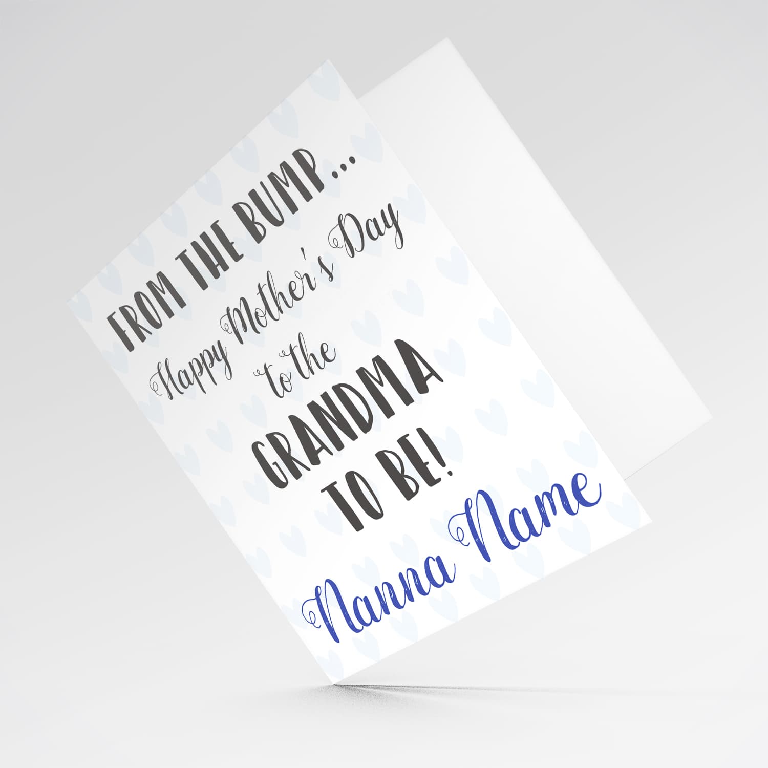 Mother's day personalisable card for grandma to be from the bump (with light blue hearts and text) in English