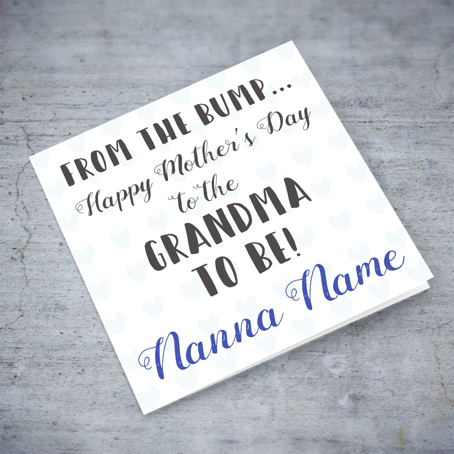Mother's day personalisable card for grandma to be from the bump (with light blue hearts and text) in English