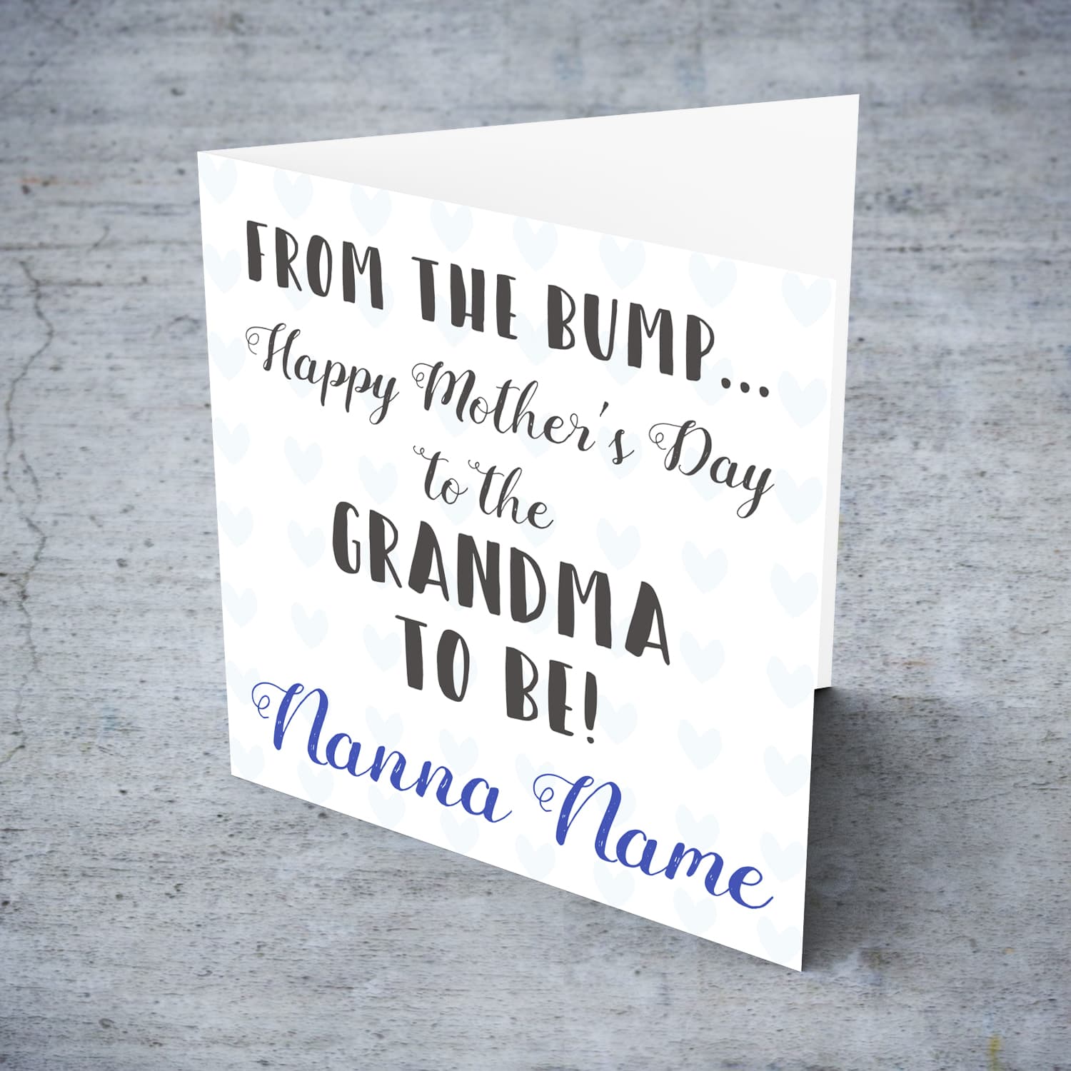 Mother's day personalisable card for grandma to be from the bump (with light blue hearts and text) in English