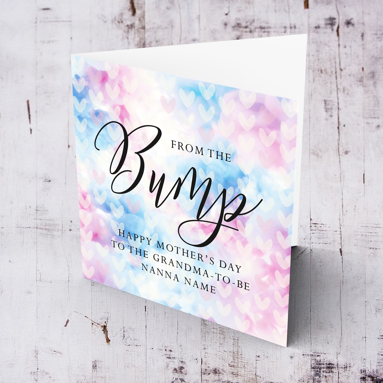 A cute mother's day card for the grandma to be from the bump, featuring a colourful two toned background with scattered hearts in English (Personalisable) 