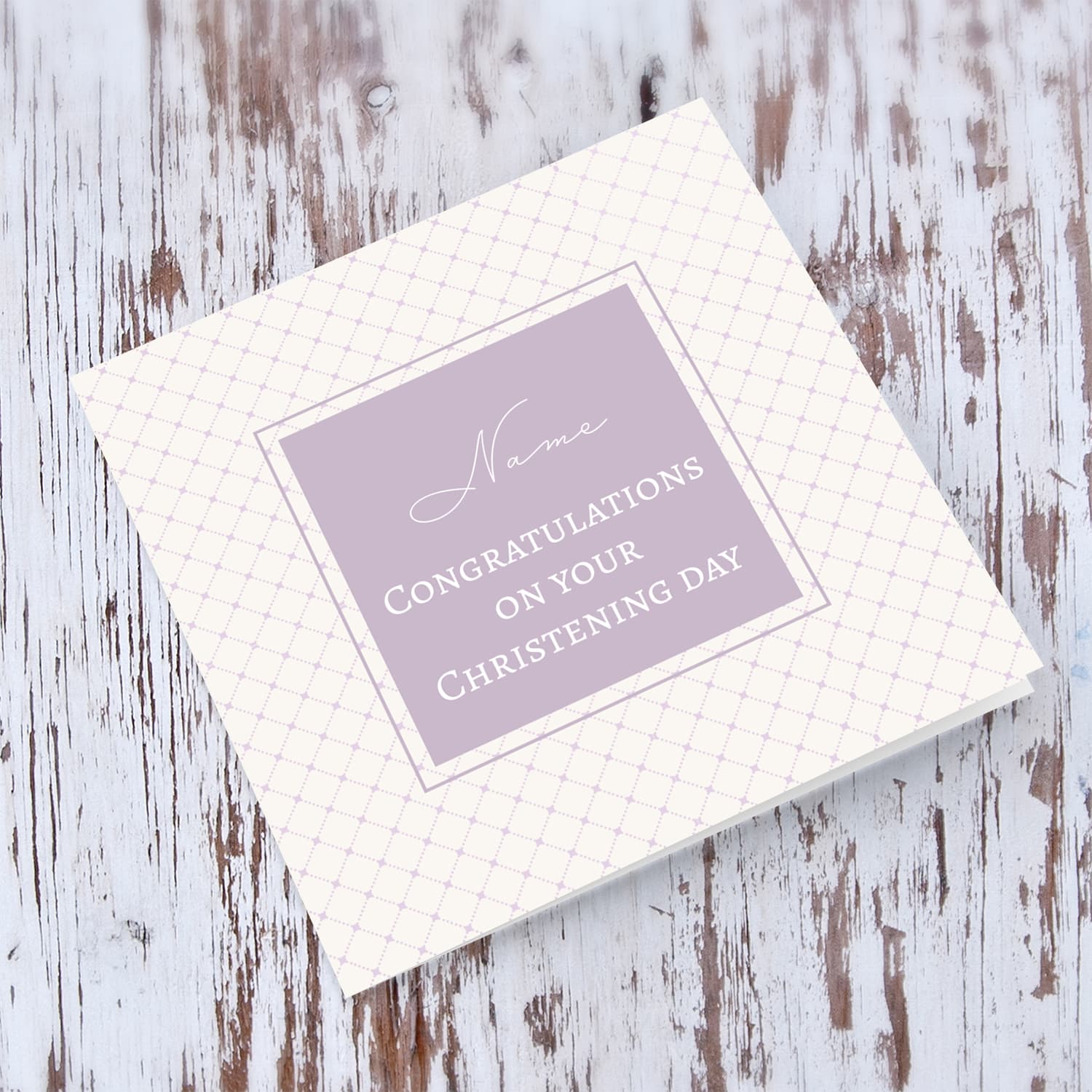 Criss cross light pink/purple background minimalist Christening personalisable card in English 