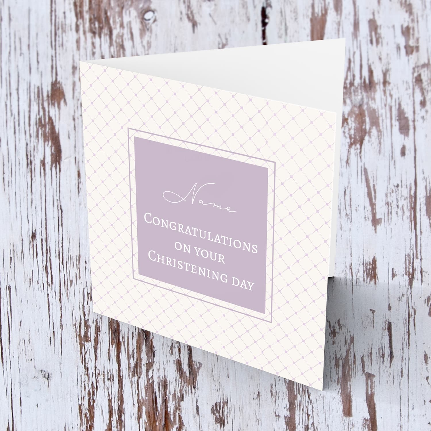 Criss cross light pink/purple background minimalist Christening personalisable card in English 