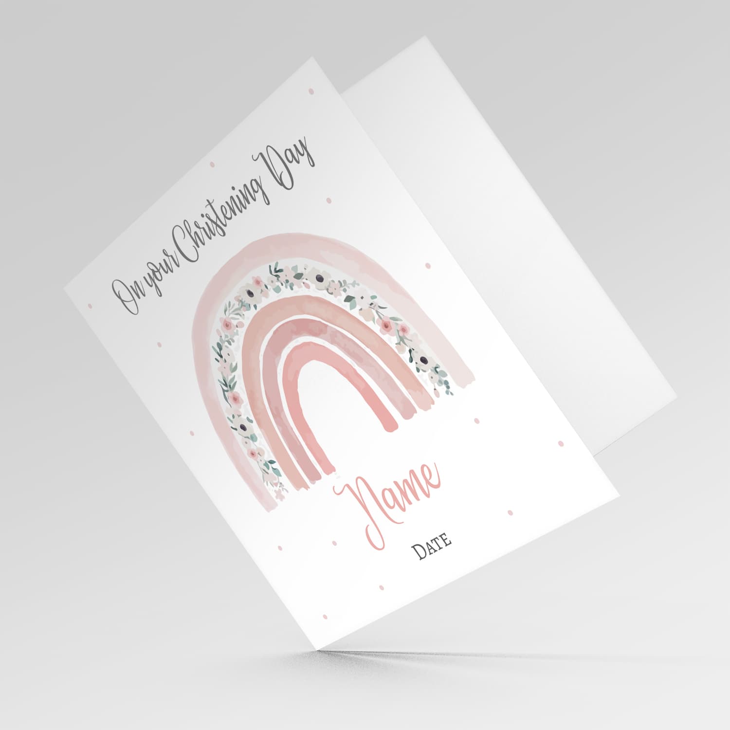 Cute floral rainbow in shades of pink personalisable baptism / christening card for girls in English