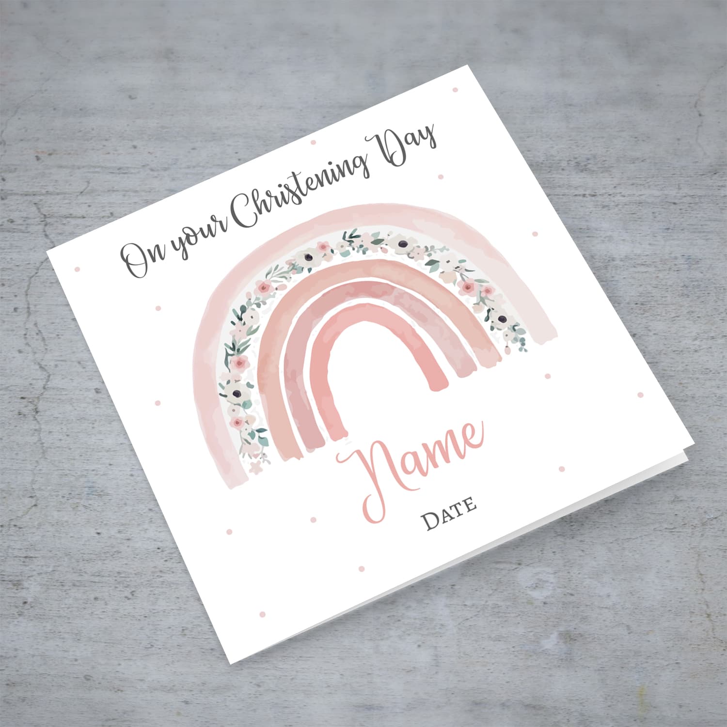 Cute floral rainbow in shades of pink personalisable baptism / christening card for girls in English