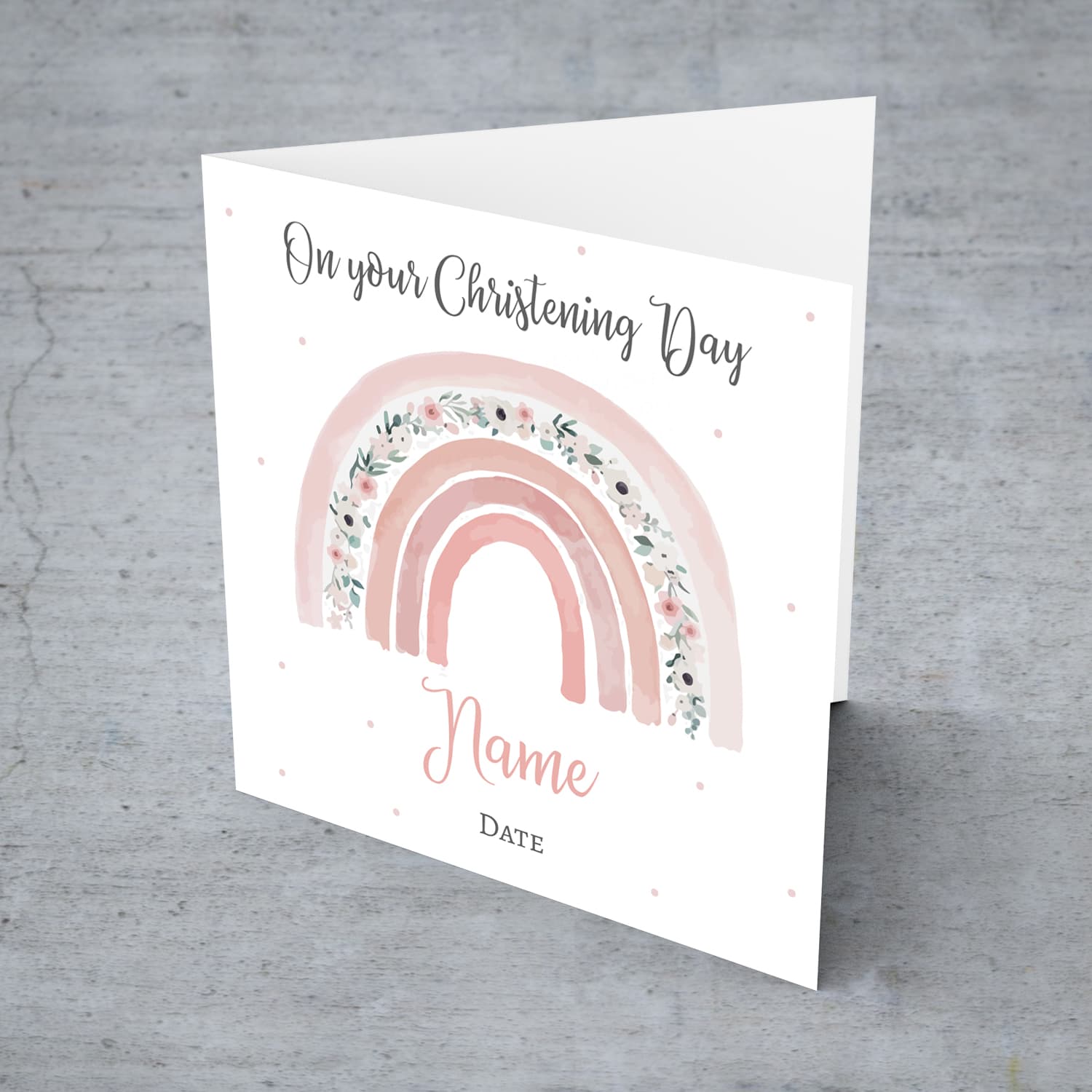 Cute floral rainbow in shades of pink personalisable baptism / christening card for girls in English