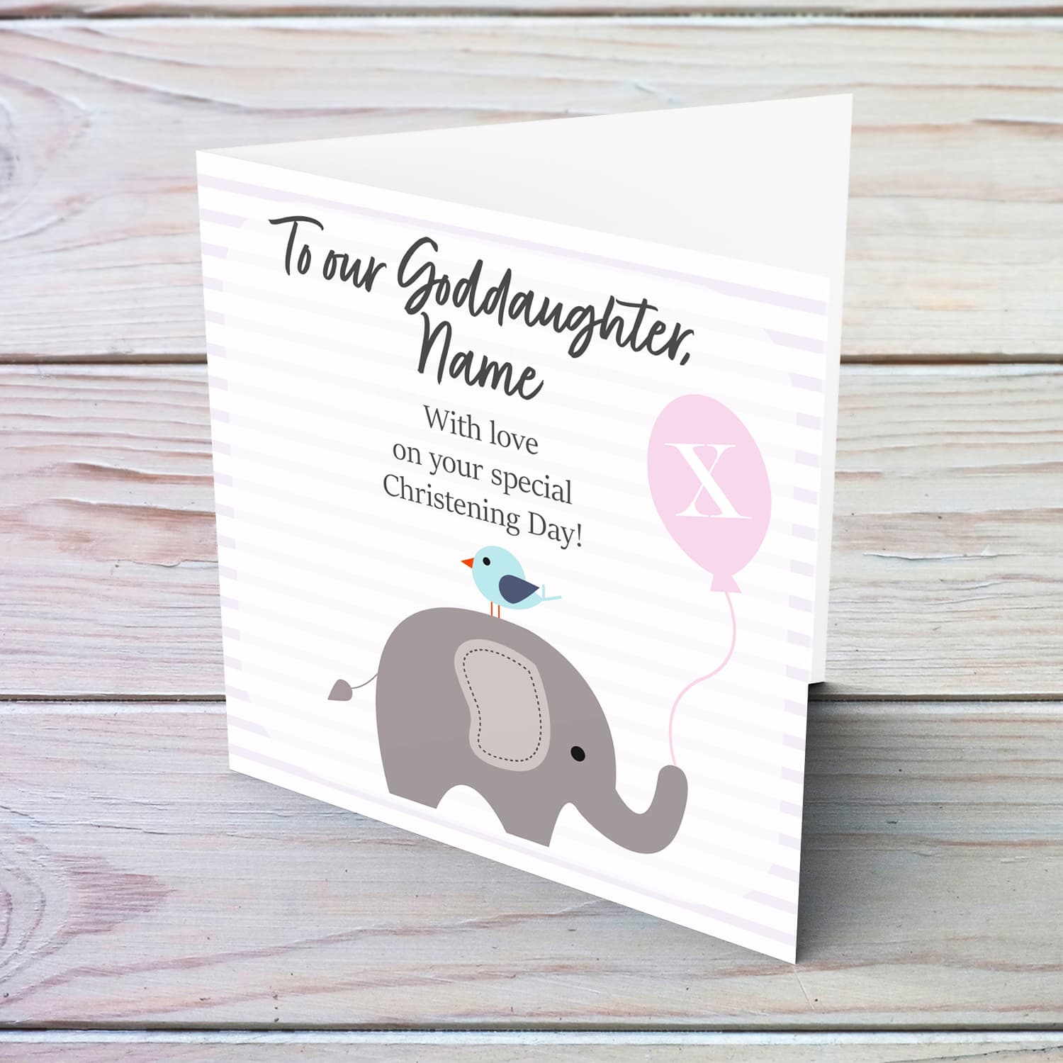 Elephant with bird holding pink balloon, with striped background baptism card for Goddaughter in English (Plural & Personalisable)