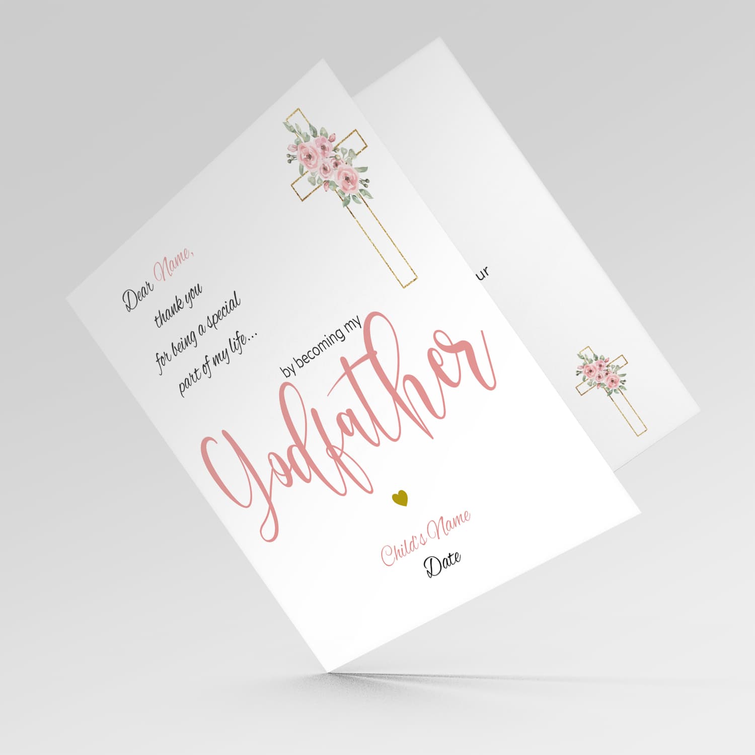 Baptism card for Godfather in pink and black text with floral cross - Personalisable card 