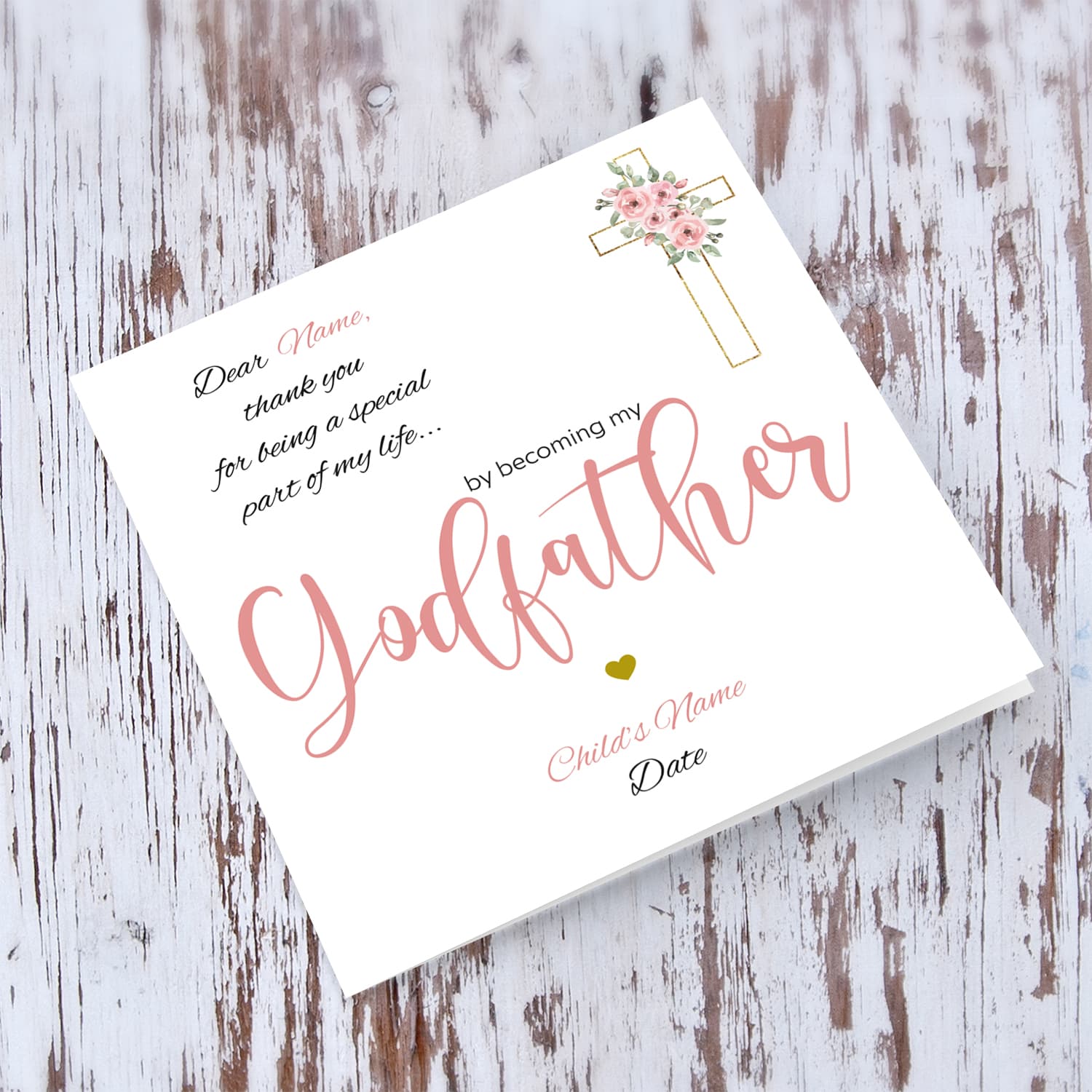 Baptism card for Godfather in pink and black text with floral cross - Personalisable card 