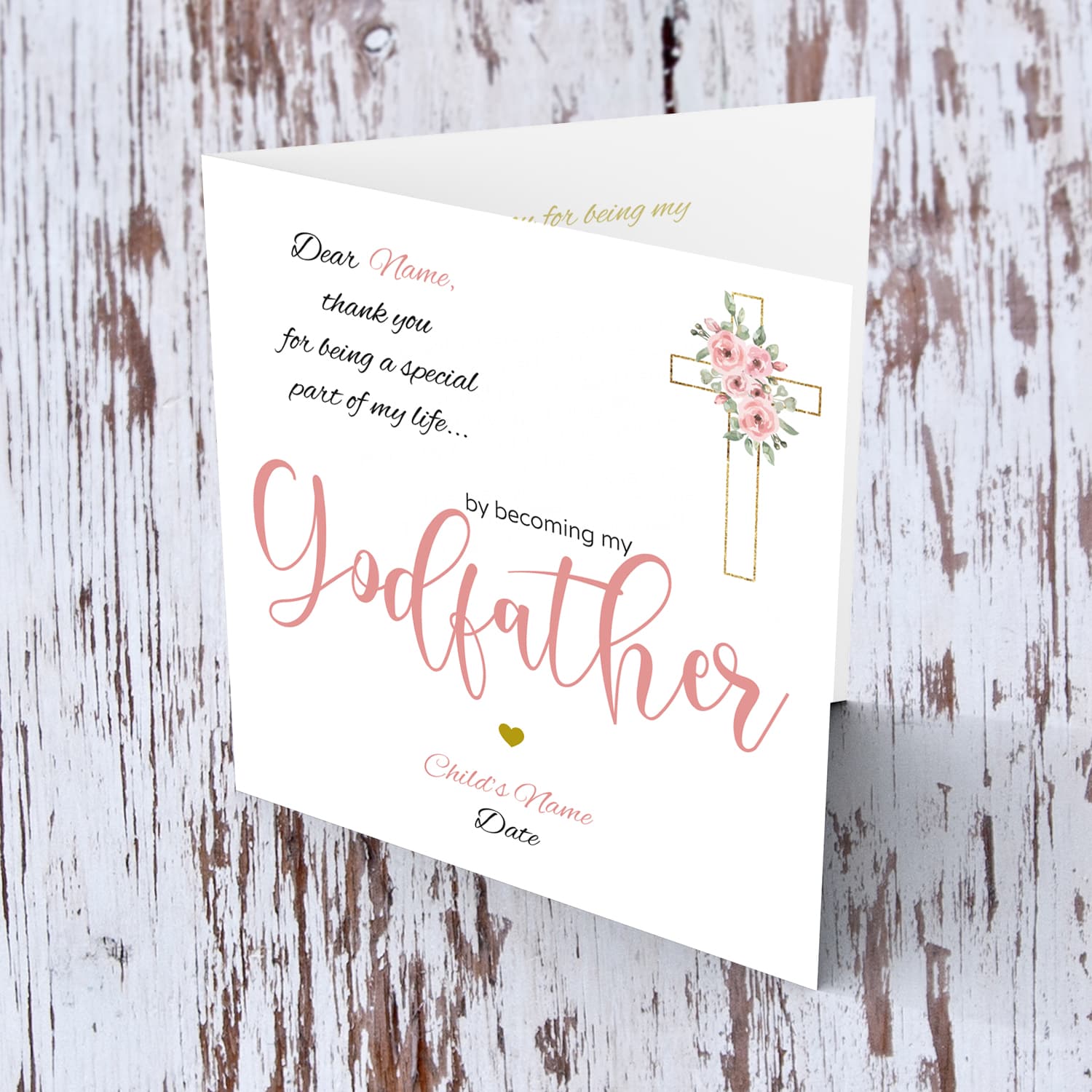 Baptism card for Godfather in pink and black text with floral cross - Personalisable card 