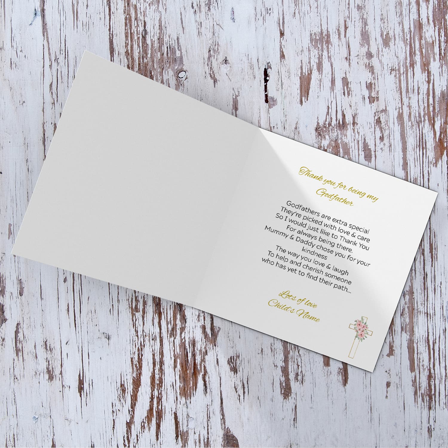 Baptism card for Godfather in pink and black text with floral cross - Personalisable card 