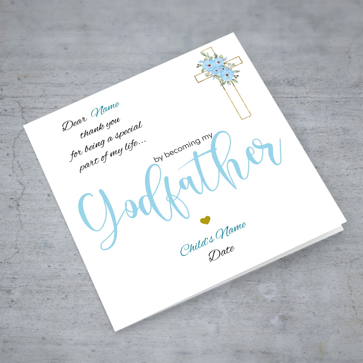 Baptism card for Godfather in light blue and black text with floral cross - Personalisable card