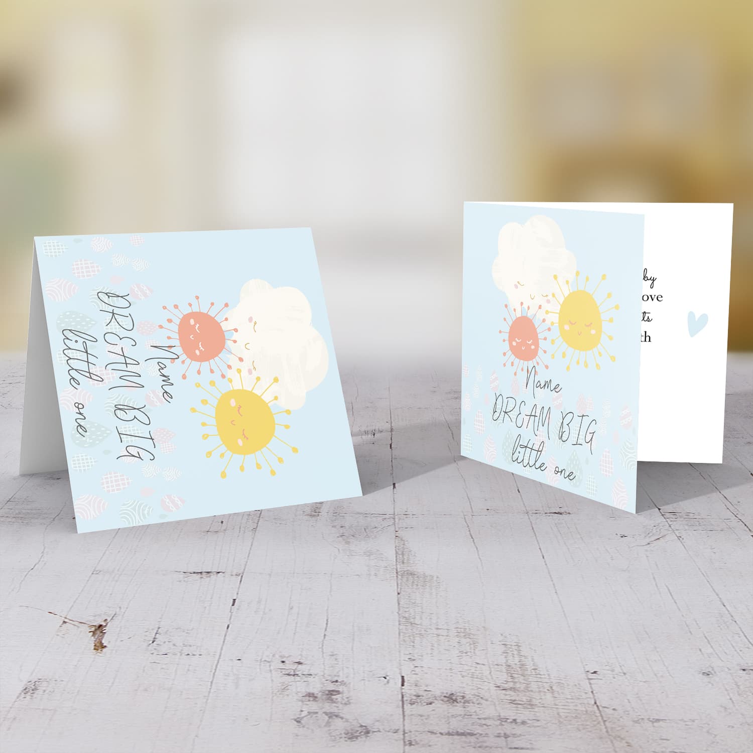 Sun, cloud pastel coloured new born personalisable card in English