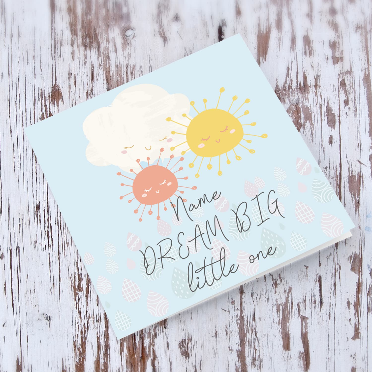 Sun, cloud pastel coloured new born personalisable card in English