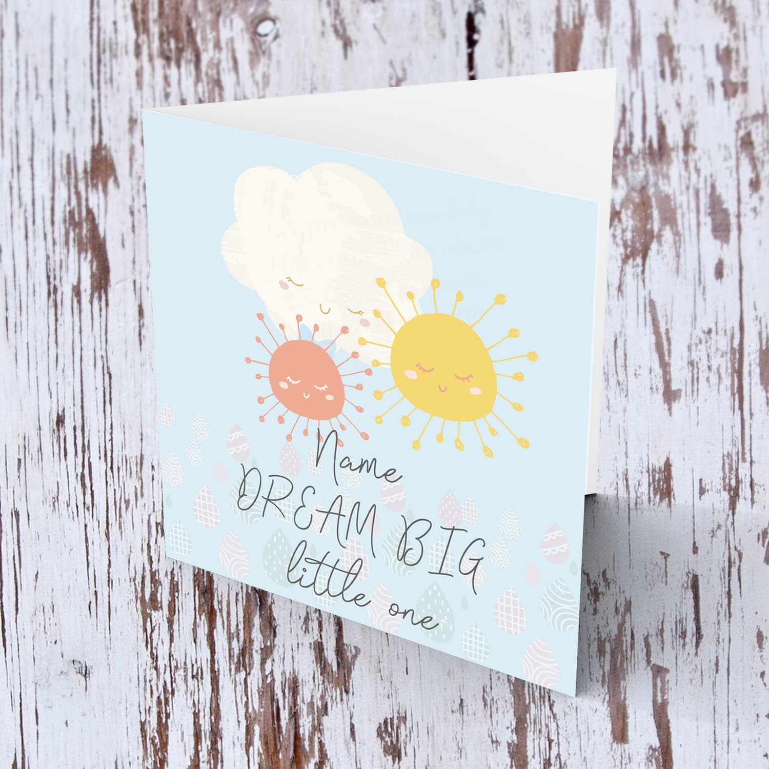 Sun, cloud pastel coloured new born personalisable card in English