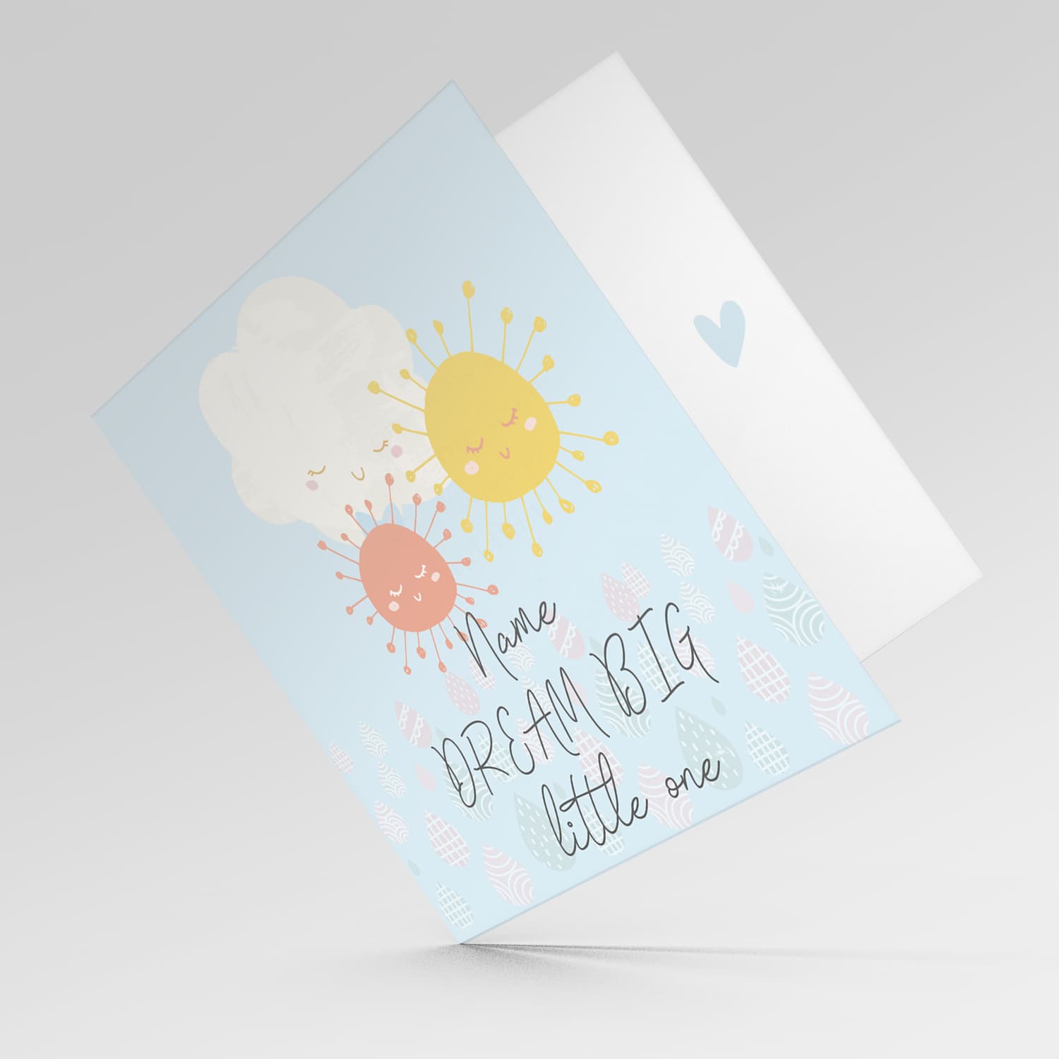 Sun, cloud pastel coloured new born personalisable card in English