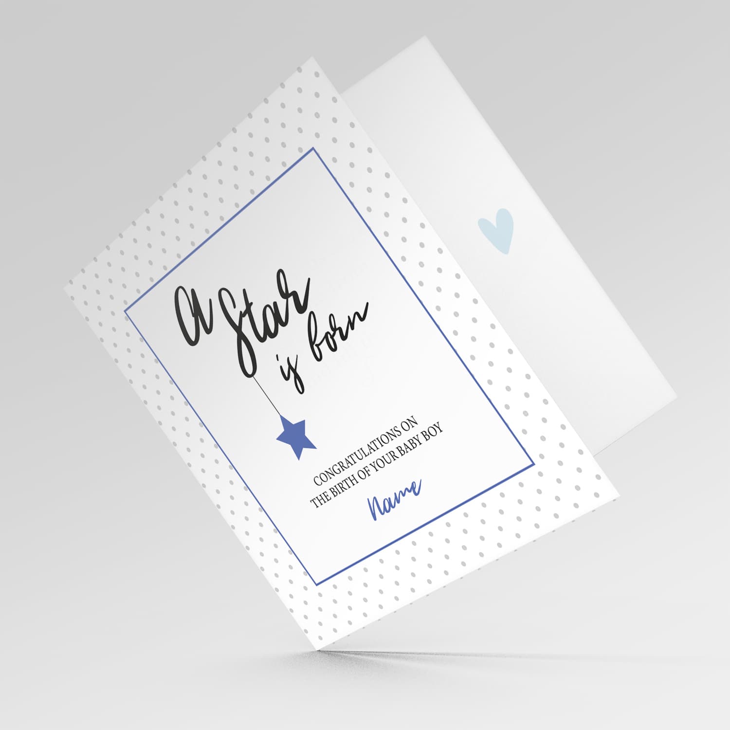 New born personalisable card for boys with polka dotted background and blue square with star in English