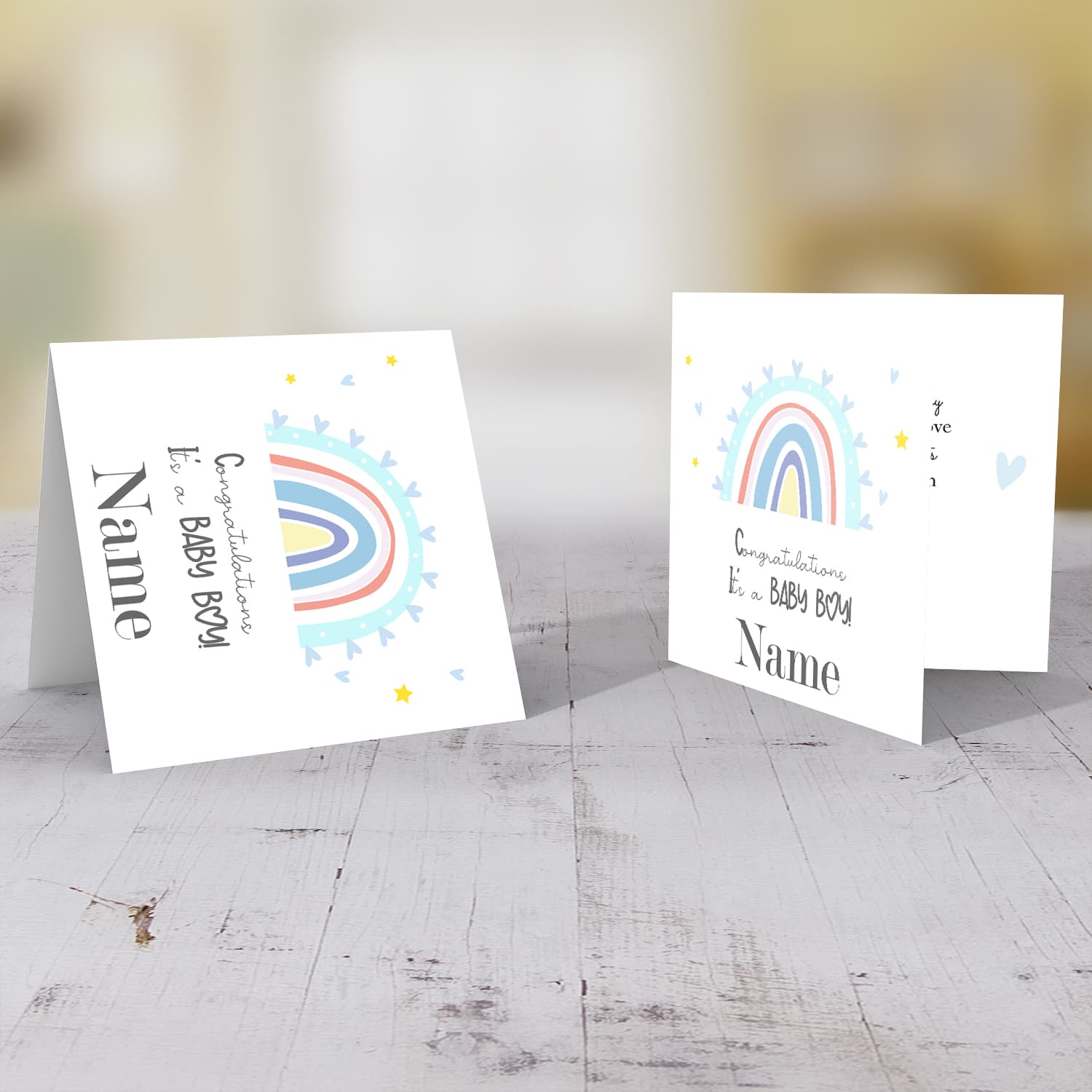 Rainbow themed new born personalisable card for boy in English