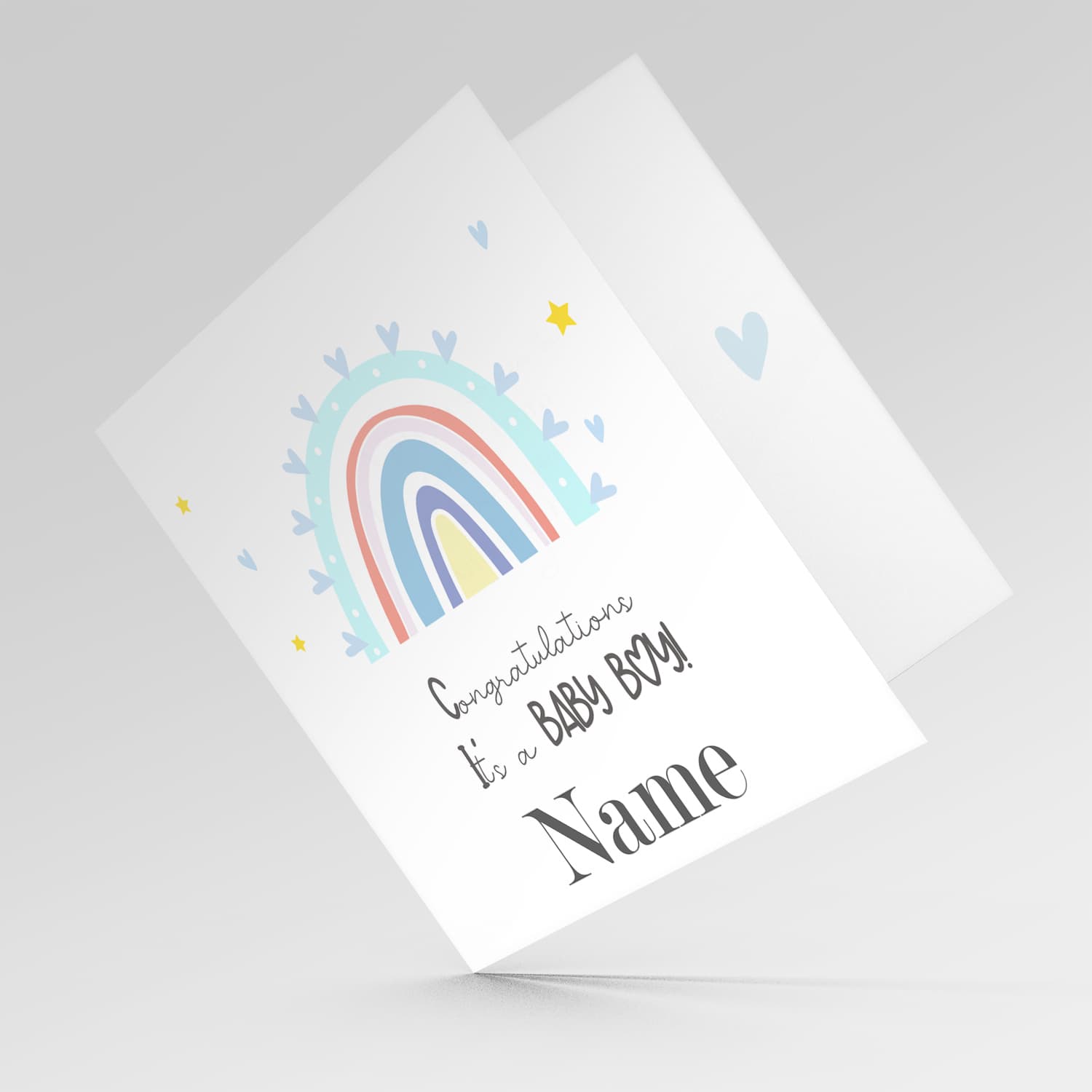 Rainbow themed new born personalisable card for boy in English