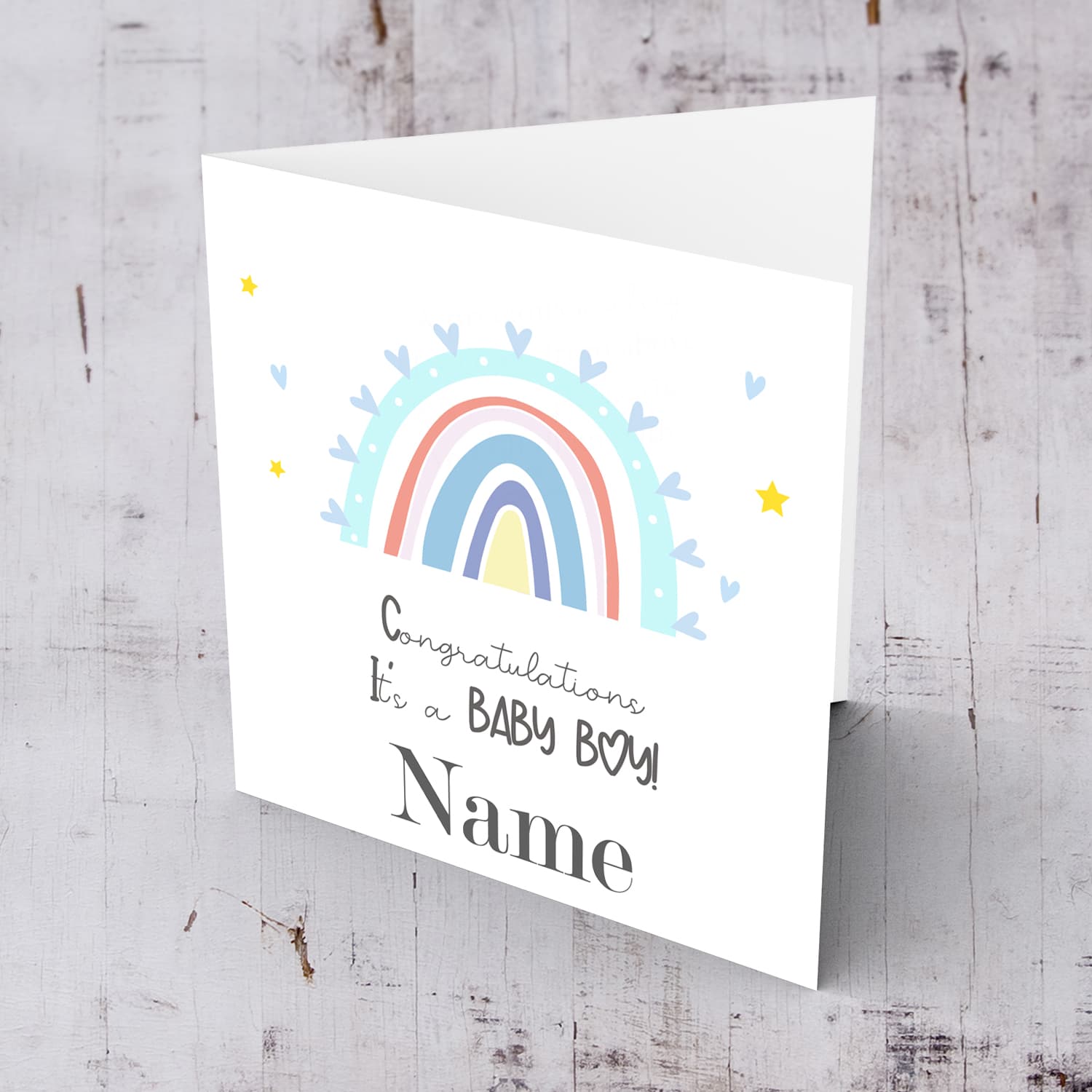 Rainbow themed new born personalisable card for boy in English