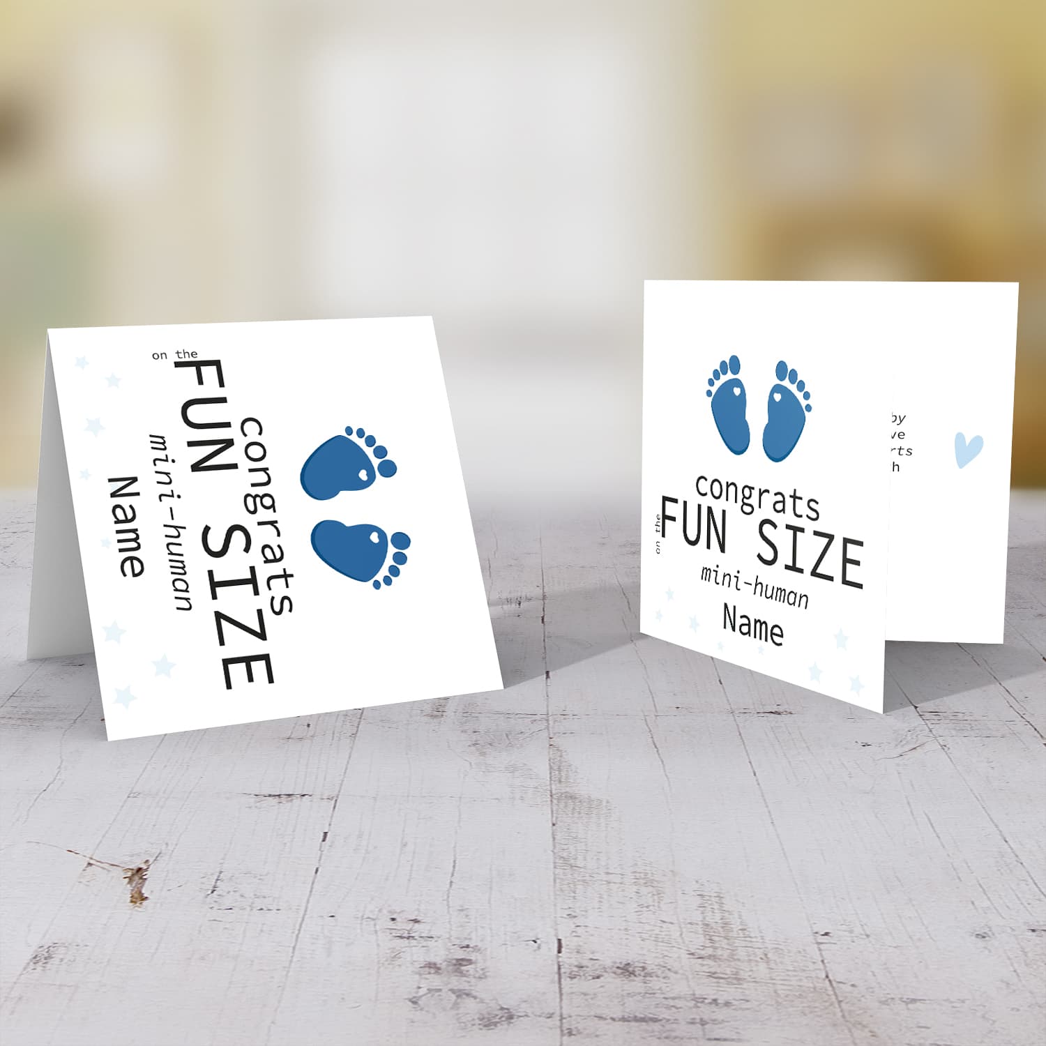 Blue Footprint new born personalisable card for boys in English