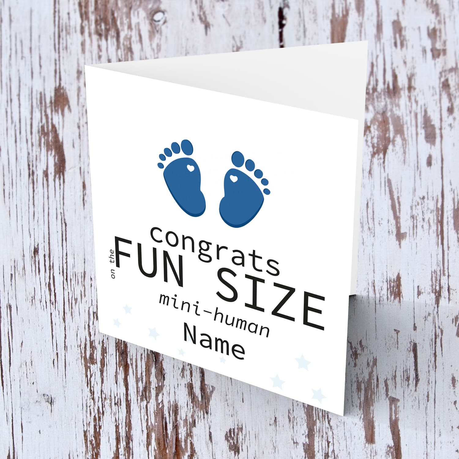 Blue Footprint new born personalisable card for boys in English