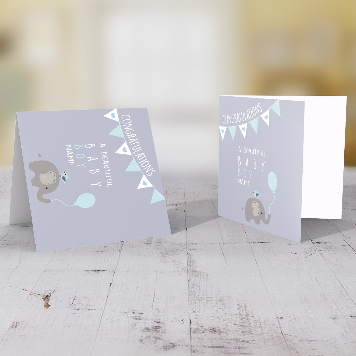 Elephant themed new born personalisable card in English