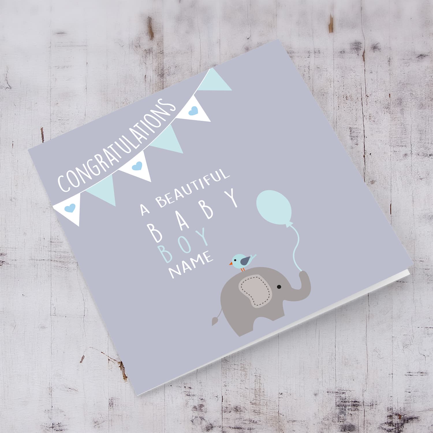 Elephant themed new born personalisable card in English