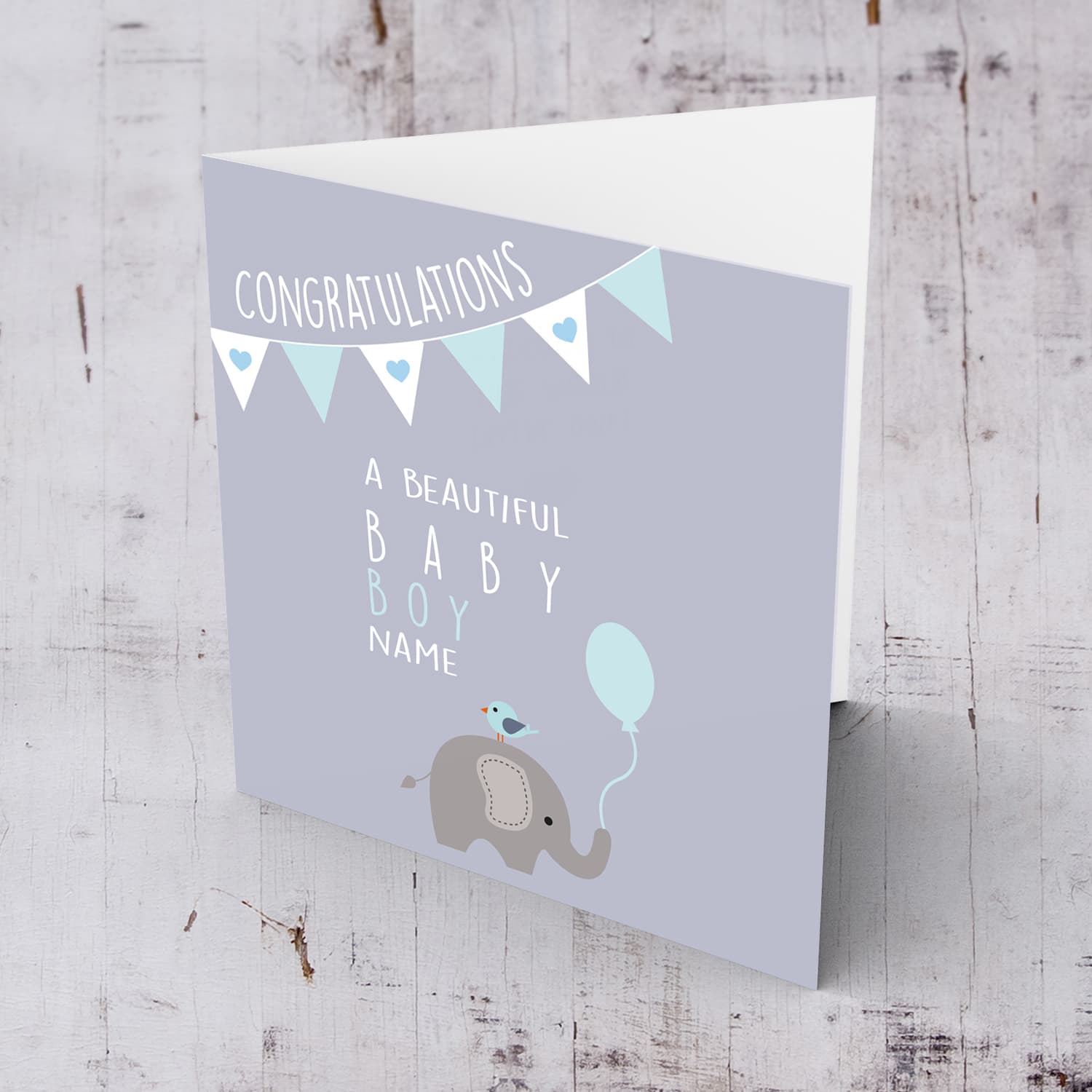 Elephant themed new born personalisable card in English